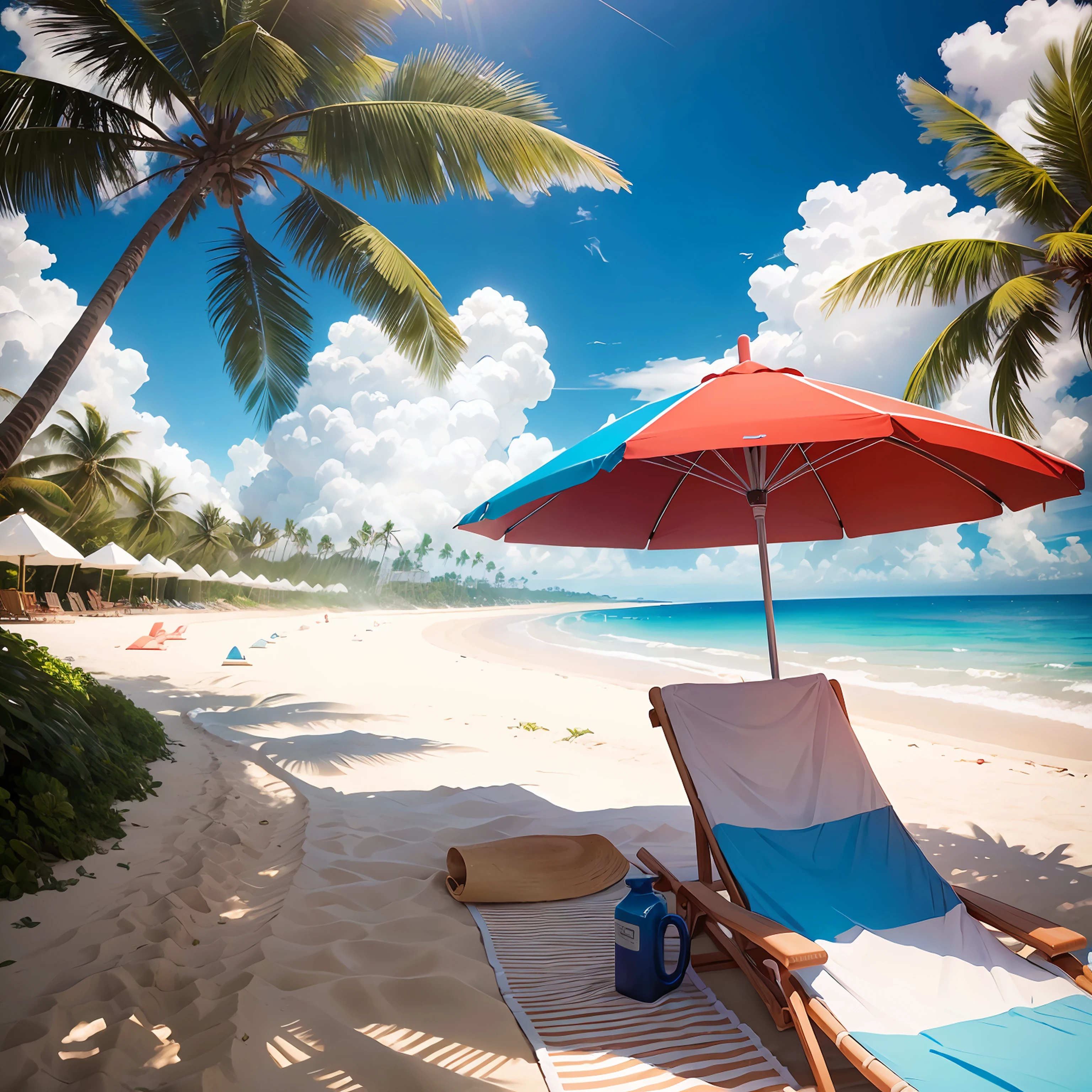 Beach, coconut trees, umbrellas, blue sky, white clouds, deckchairs --auto