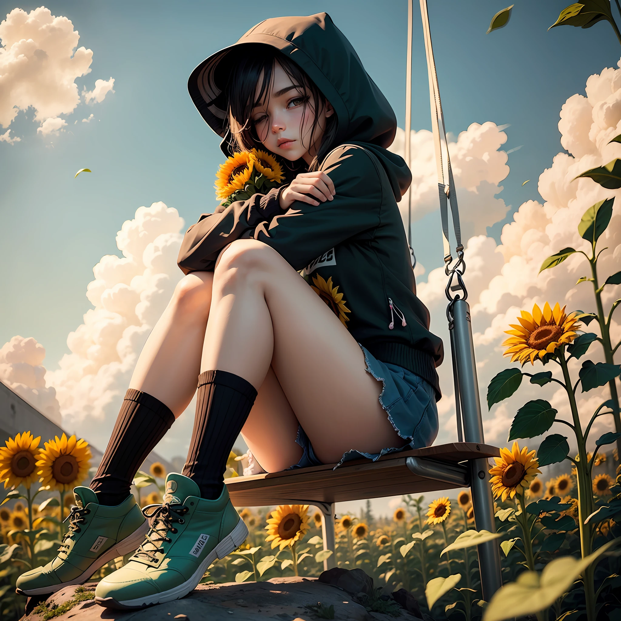 An anime girl sitting in a chair， With a hood， hood covers his eyes， Pout，Slight smile， Hold the sunflower in your arms，Sunflowers cover half of the face， black short skirt， black long socks， Swing woven with vines， Two mint leaves， simple line， high detal， --auto