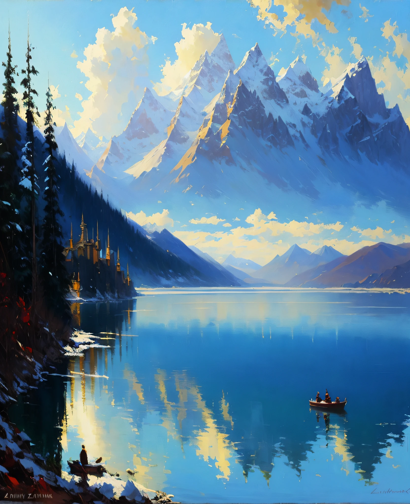 Tibetan Buddhist temples in the foreground，mountain lake，Aquamarine blue，sunny clear sky，composed
Alexi Zaitsev，Antoine Blanchard，Brent
Heighton，Jeremy Mann，tmasterpiece，iintricate，8k