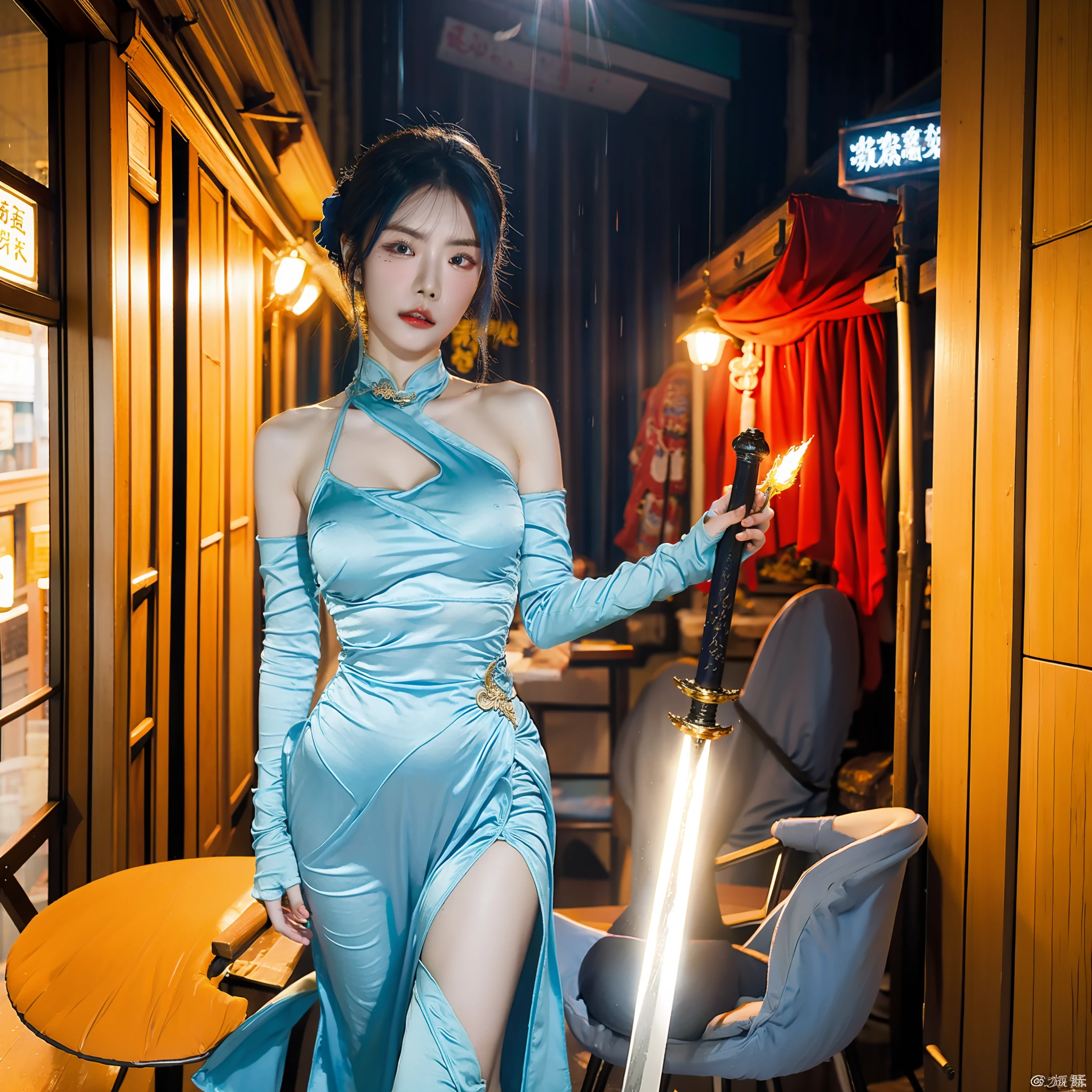 bluer hair:1.2,Short hair,femele,Ancient Chinese street scene,Rainy days,Blue cheongsam tight one-piece slit,Broad bare breasts,The skirts parted,Satin,Full-body image,Wet dripping,Holding a green dragon sword in his hand,The sword body is bubbling with cold light,Facial moisture,Expose the collarbone