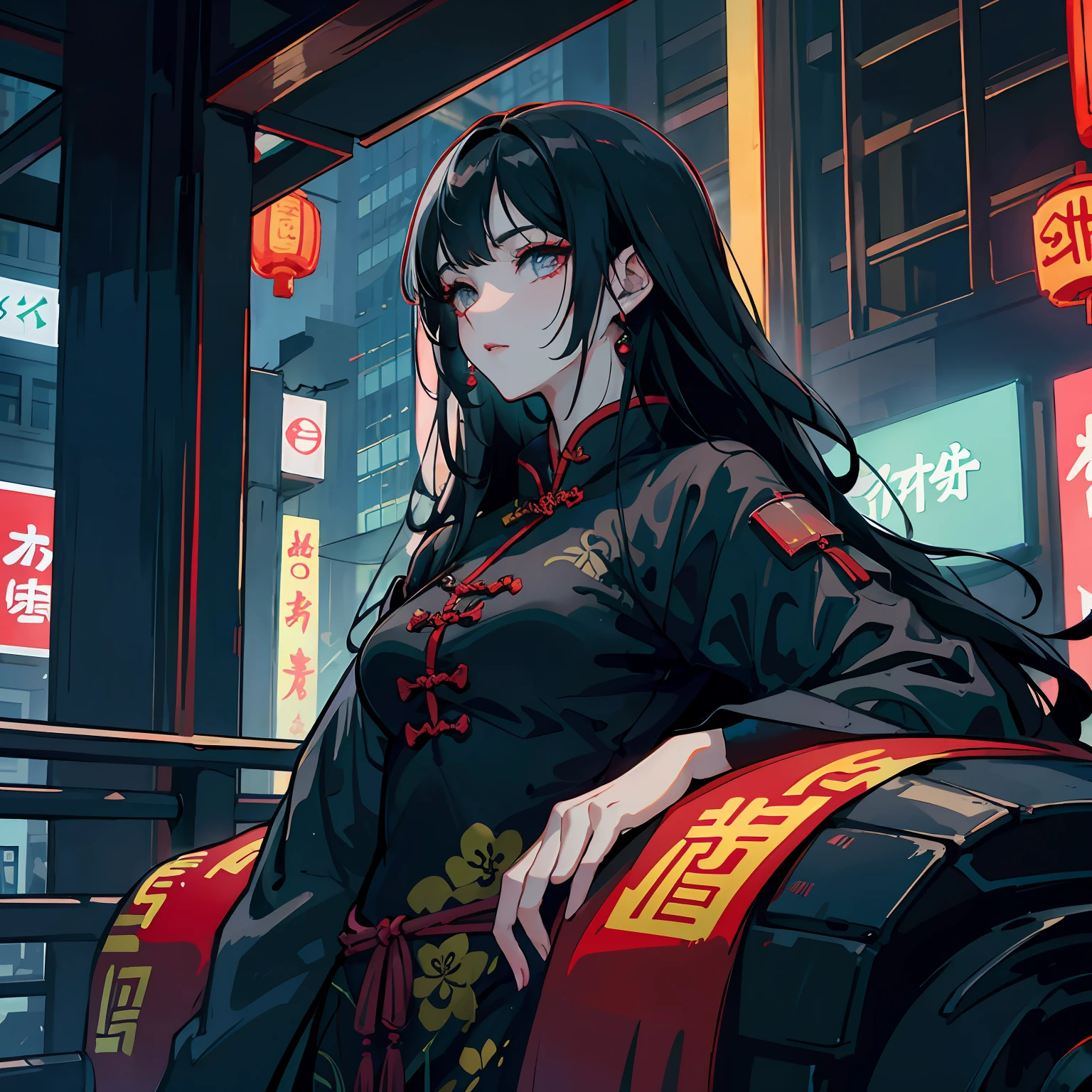 Cyberpunk dark style,Black hair with traditional Chinese colors, beauty in cheongsam --auto