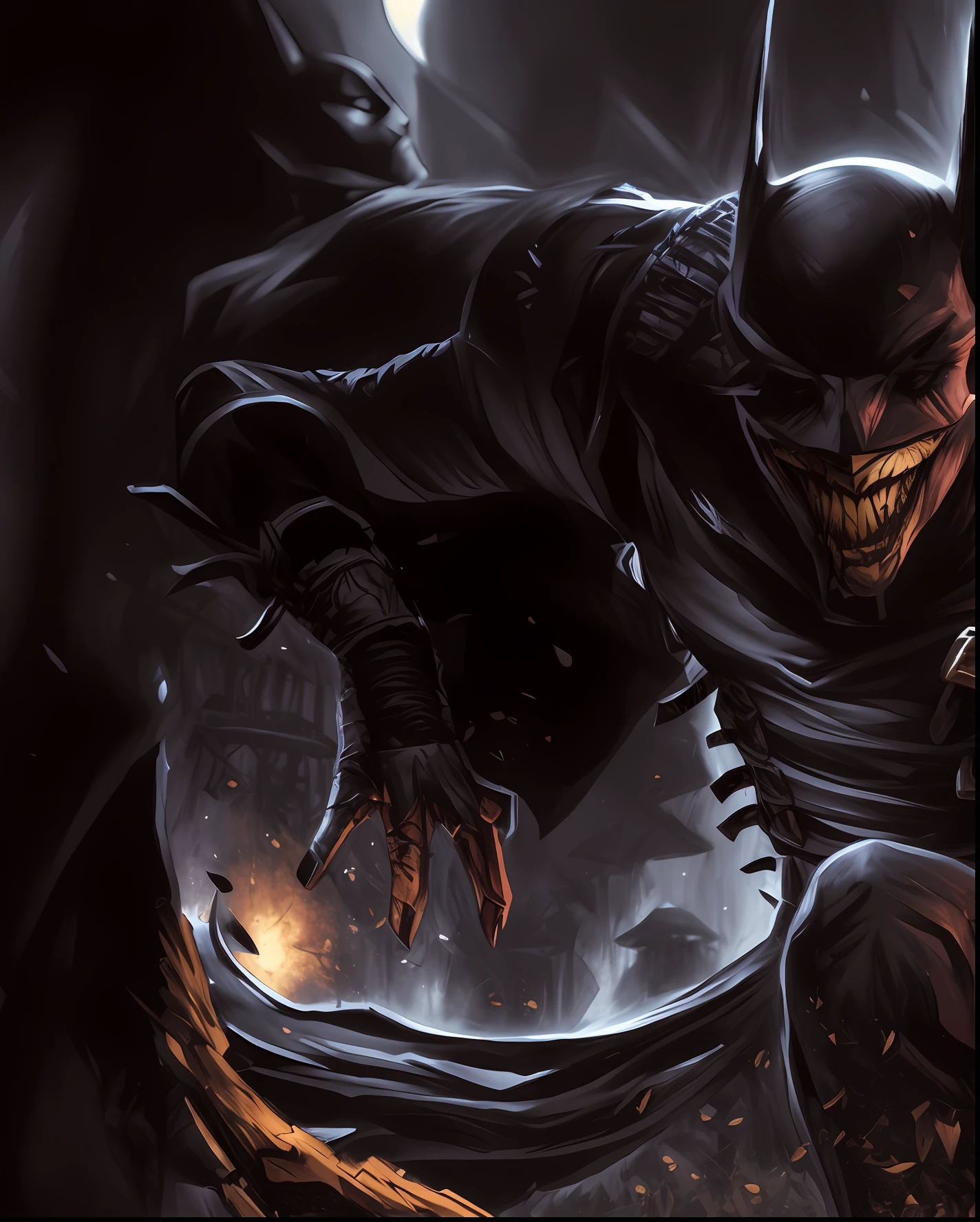 Batman, o Cavaleiro das Trevas em um terno escuro com uma capa e uma espada, O Batman que ri, Estilo de Raymond Swanland, Guilherme H. Pongiluppi, O Coringa como Batman, inspirado em Raymond Swanland, Batman como o Coringa, Arkham, Joe GB Fenton, Lee Bermejo, inspirado em Aleksi Briclot, Shaco, de League of Legends