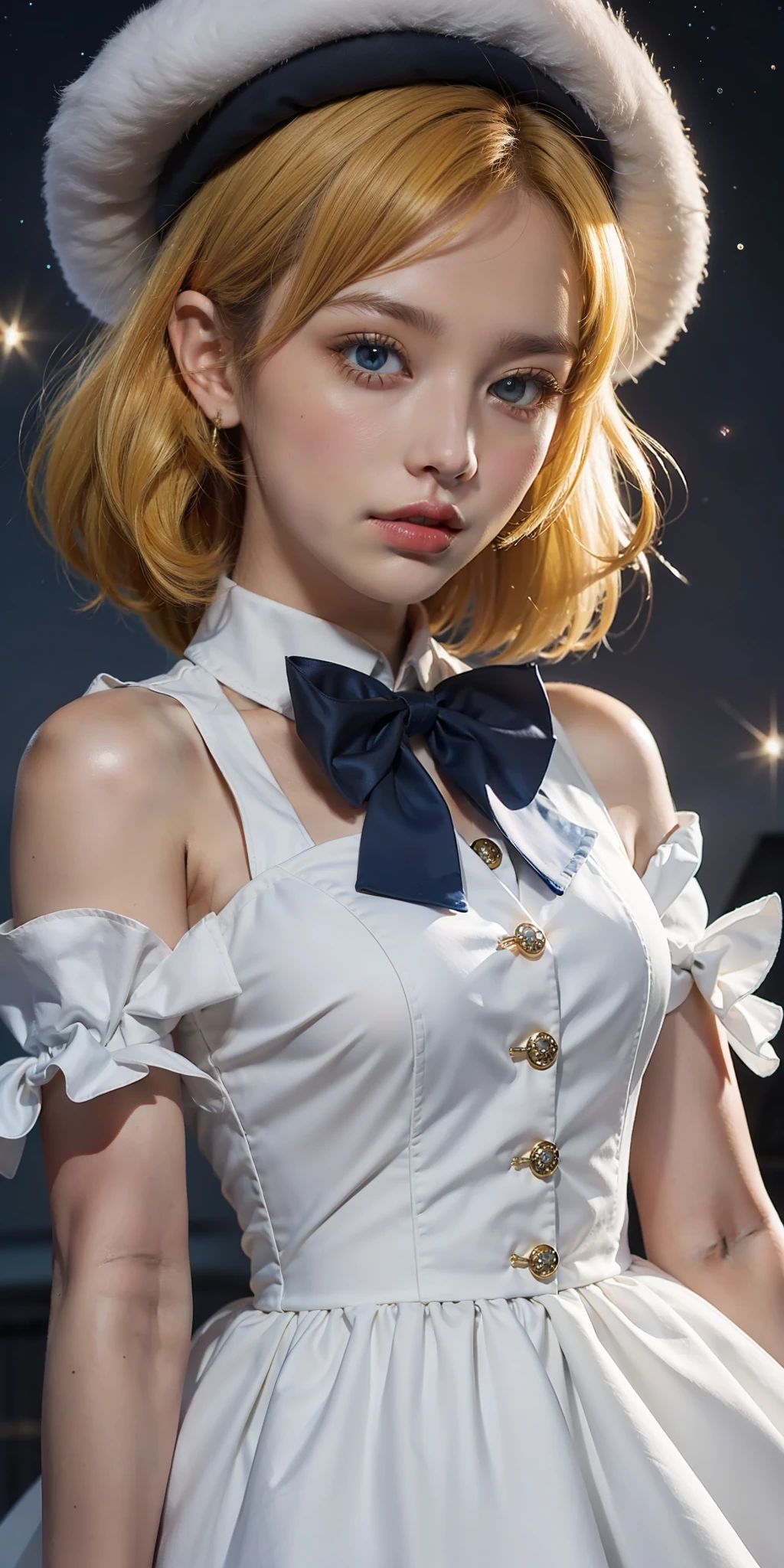 Yellow-haired，white dresses，eBlue eyes，star accessories，Blue bow tie，white beret（It has a blue bow on it），starryskybackground，meteors，4K