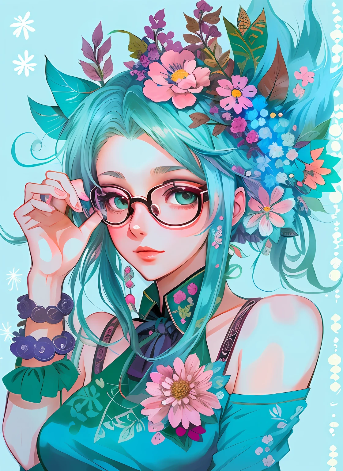 drawing of a woman with blue hair and glasses with flowers in her hair, 2 d anime style, decora inspired illustrations, inspired by Yumihiko Amano, anime girl with teal hair, anime style portrait, beautiful anime art style, portrait of jinx from arcane, manga art style, anime style illustration, anime art style, anime style art, anime styled