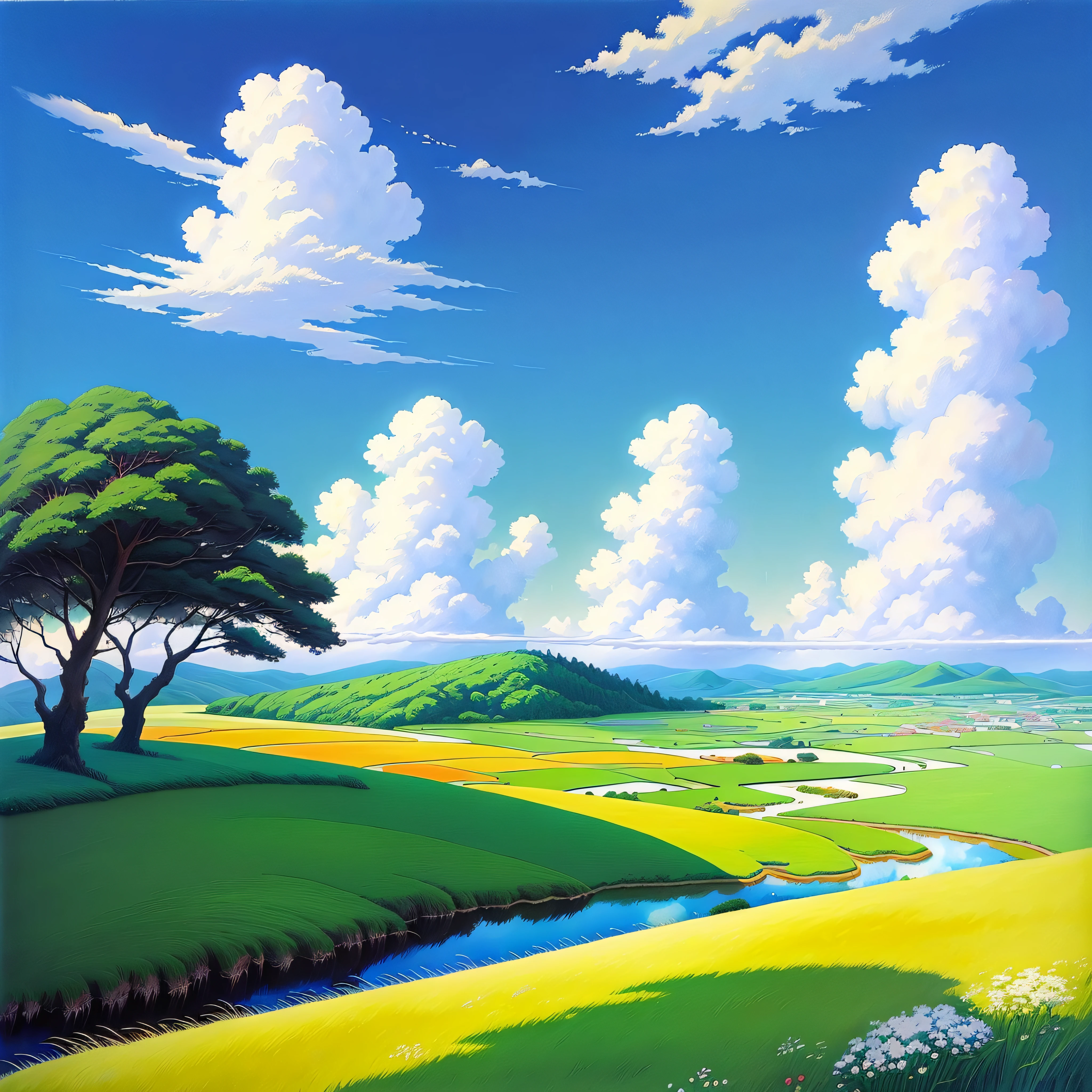 Realistic, authentic, beautiful and amazing landscape oil painting Studio Ghibli Hayao Miyazaki&#39;s petal grassland with blue sky and white clouds