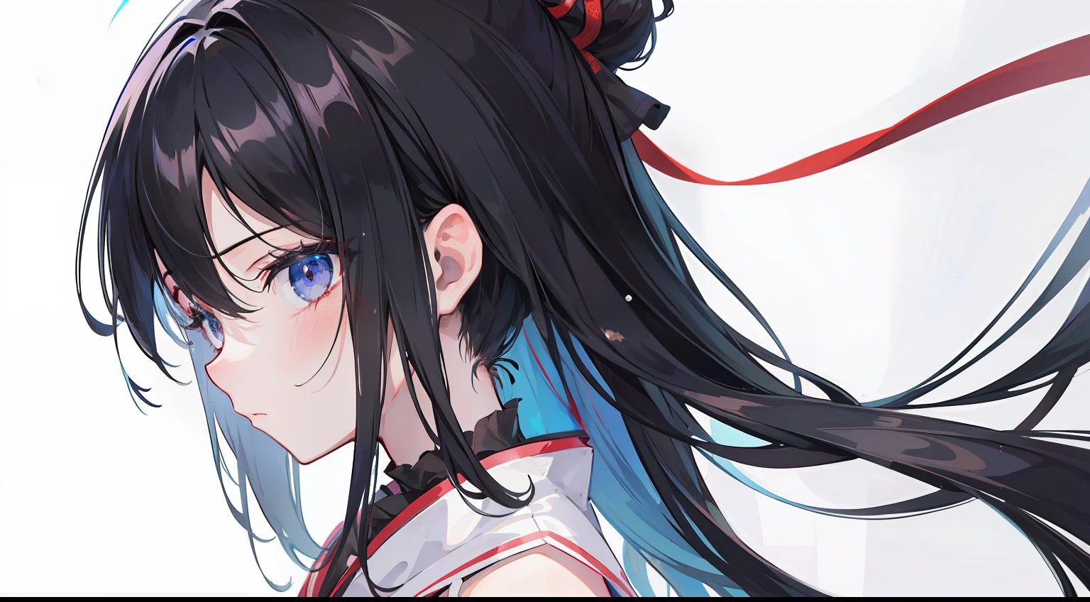 One girl、profile、black backgrounds、Full of ribbons、onepiece、Shoku、A dark-haired、​masterpiece、top-quality、Top image quality、Long ribbon