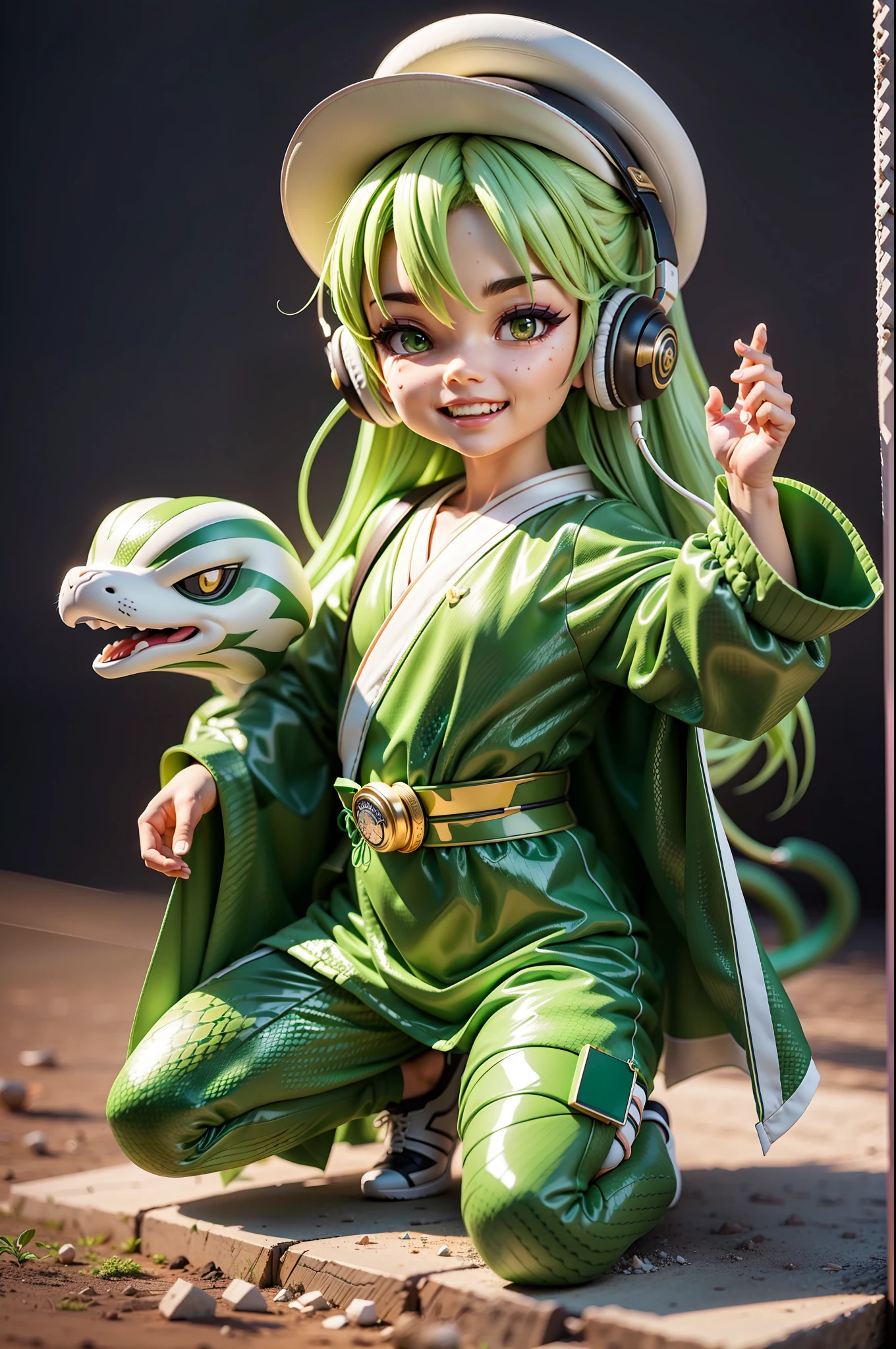 (Daisaku),(Need),(Super meticulous),(full bodyesbian:1.2),(soio),green colored theme,Viper Magician,Delicate snake-headed hat,adolable,Open-mouthed,grin,Earphone,Snakeskin texture,Popmart blind box,Clay texture,Treading on the ground,Black and white background,natural  lightting,Best quality at best,hyper-detailing,arte 3D,c4d, OC renderer, a 3D render, 8k