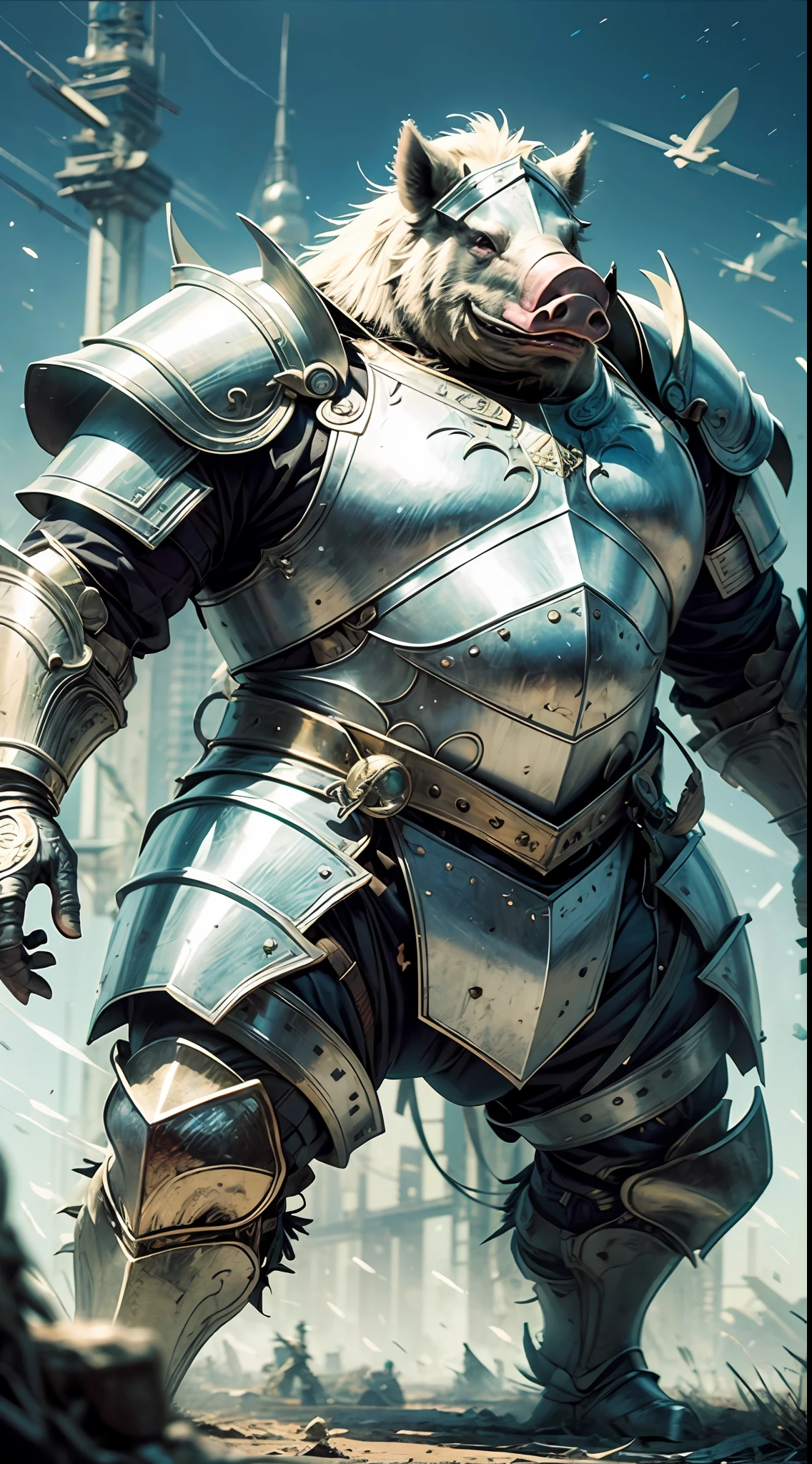 "Movie clip of the Silver Armored Giant Pig Warrior,strong,male,Strong and fat,Elaborate heavy armor glistens in movie lights。”