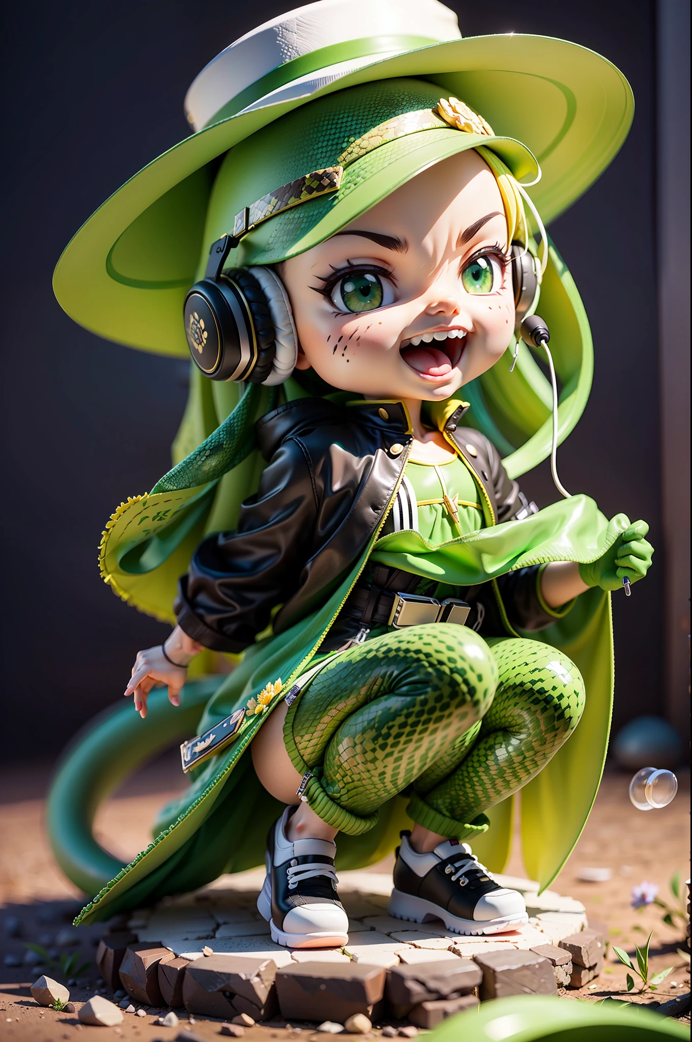 (Daisaku),(Need),(Super meticulous),(full bodyesbian:1.2),(soio),green colored theme,Viper Magician,Delicate snake-headed hat,adolable,Open-mouthed,grin,Earphone,Snakeskin texture,Popmart blind box,Clay texture,Treading on the ground,Black and white background,natural lightting,Best quality at best,hyper-detailing,arte 3D,c4d, OC renderer, a 3D render, 8k