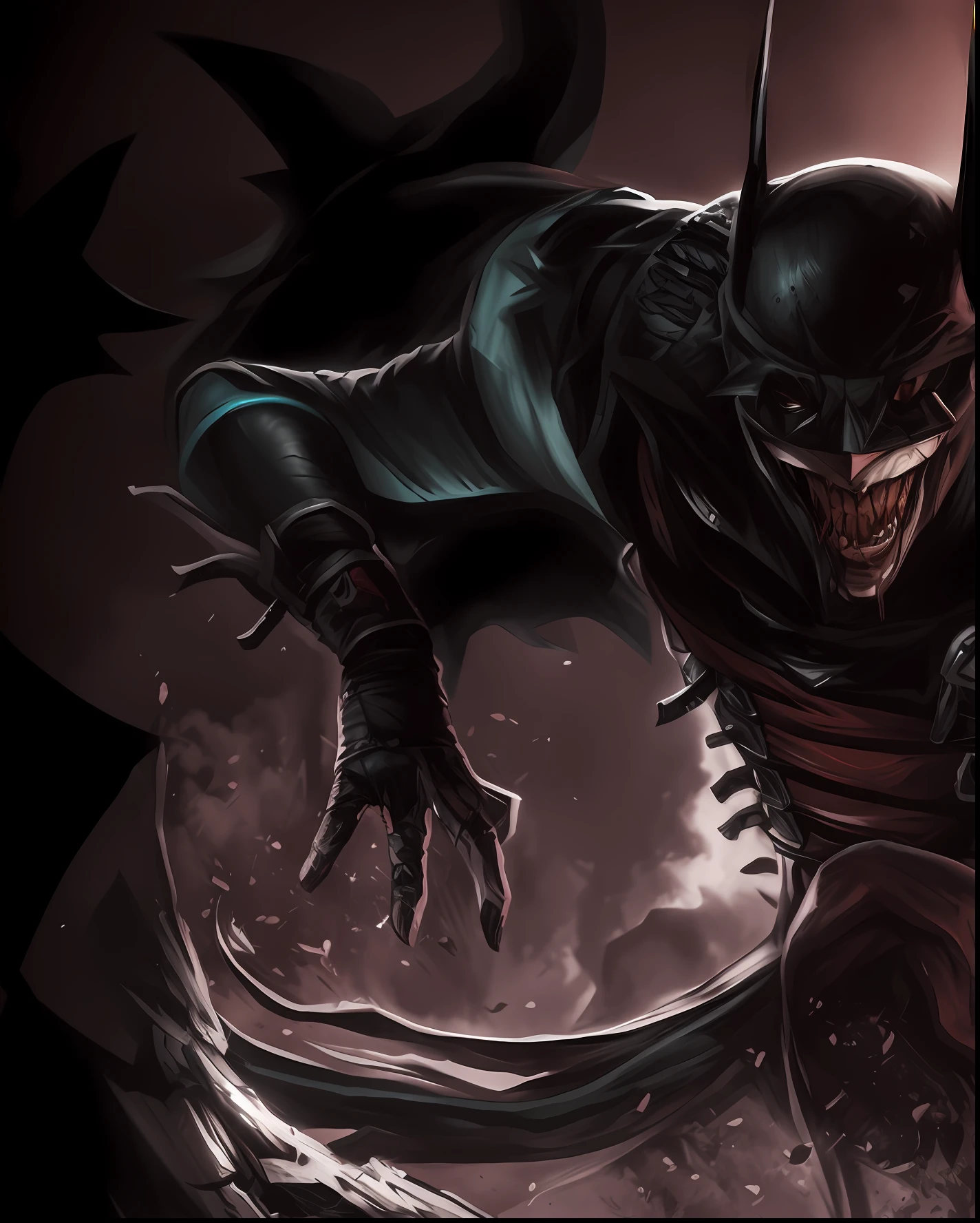 Batman, o Cavaleiro das Trevas em um terno escuro com uma capa e uma espada, O Batman que ri, Estilo de Raymond Swanland, Guilherme H. Pongiluppi, O Coringa como Batman, inspirado em Raymond Swanland, Batman como o Coringa, Arkham, Joe GB Fenton, Lee Bermejo, inspirado em Aleksi Briclot, Shaco, de League of Legends