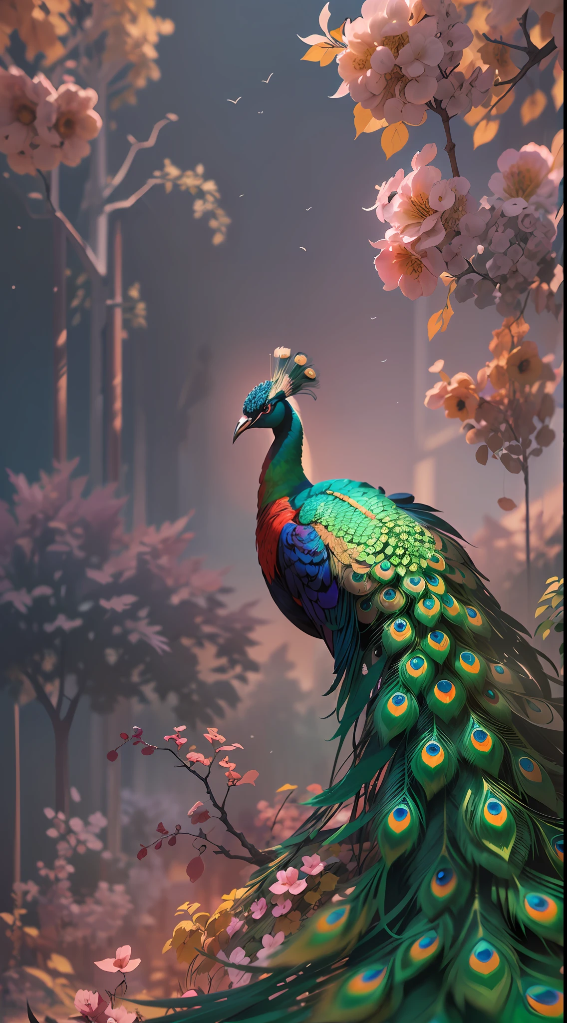 A colorful peacock，Colorful feathers，The feathers are brightly colored and layered,Standing on a branch。(The peacock opens the screen and faces squarely：1.3），（The peacock picture is centered），(Medium and close range)，（Finely depicted head，leges，clawed paws:1.3），（Overall silhouette，）Ultra photo realsisim，super-fine，超高分辨率，8K,Premium wallpapers，Highest image quality，3D,C4D