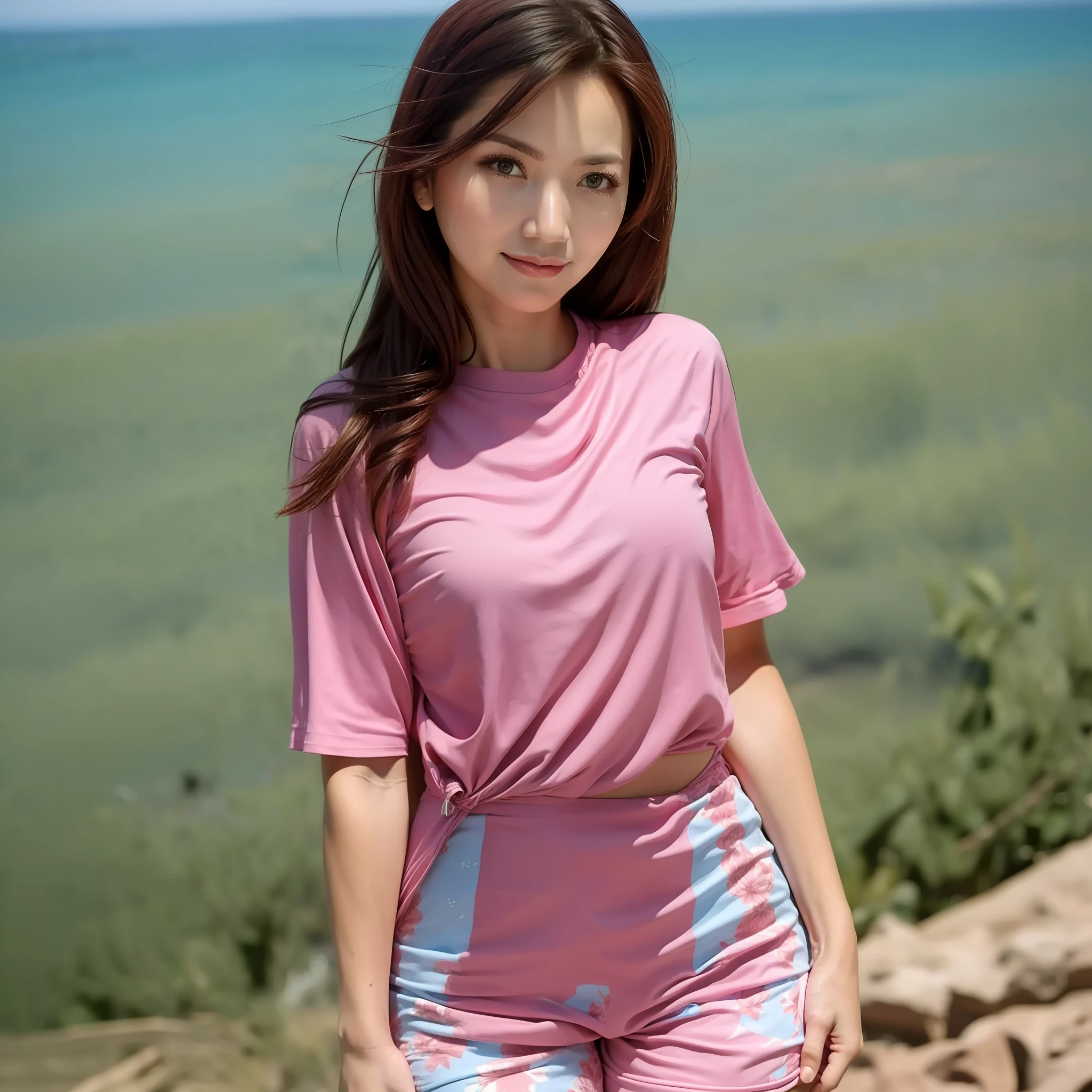 Woman 25 years old, Little smile, glare, red lips, Wearing a pink shirt with blue hotpants, long stockings, looking at the sea