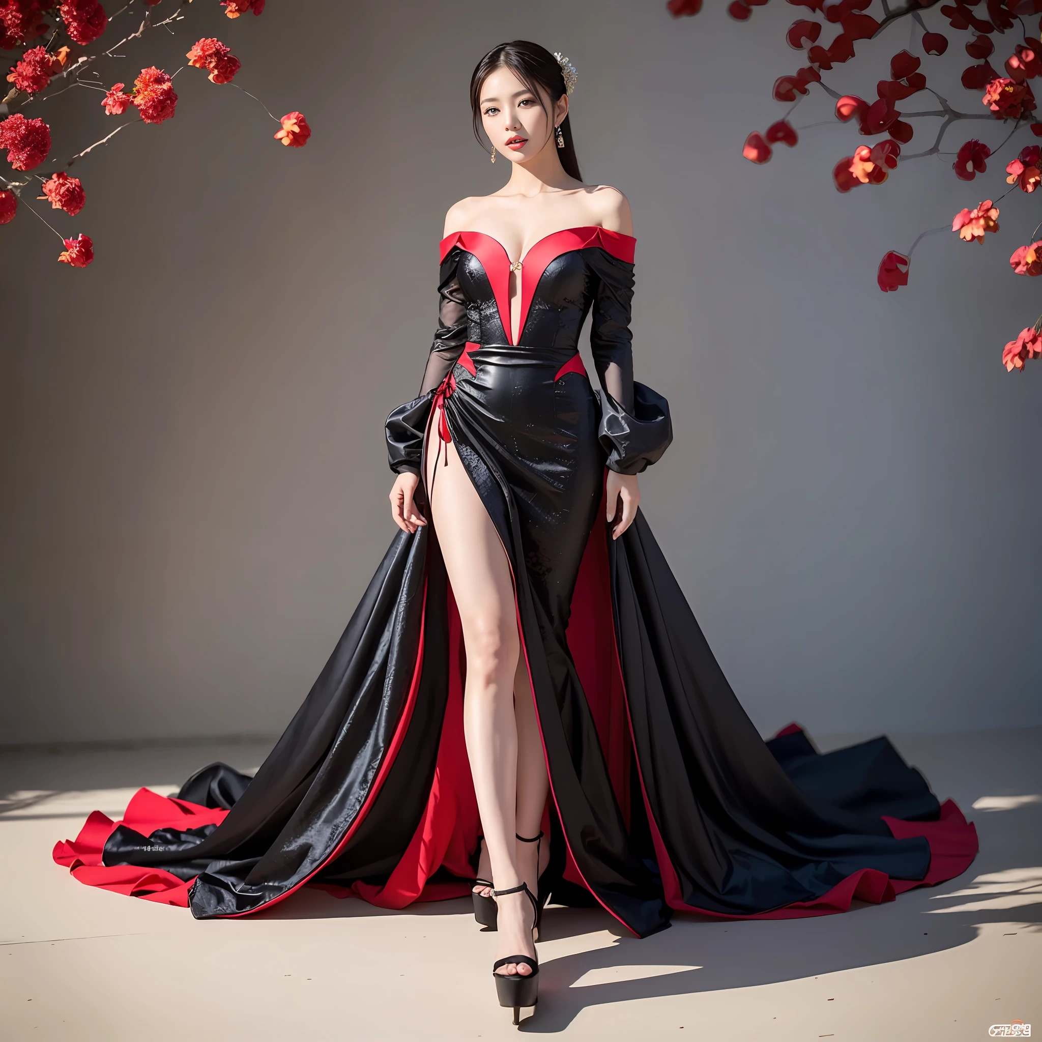 Asian woman in arafe in black and red dress poses for photo, gorgeous chinese model, y gown, full-body xianxia, captivating and enticing, Gorgeous young Korean woman, lovely queen, jaw-dropping beauty, sexress, wearing long gown, opened dress, captured on canon eos r 6, wearing a magnificent dress, Black and red dress