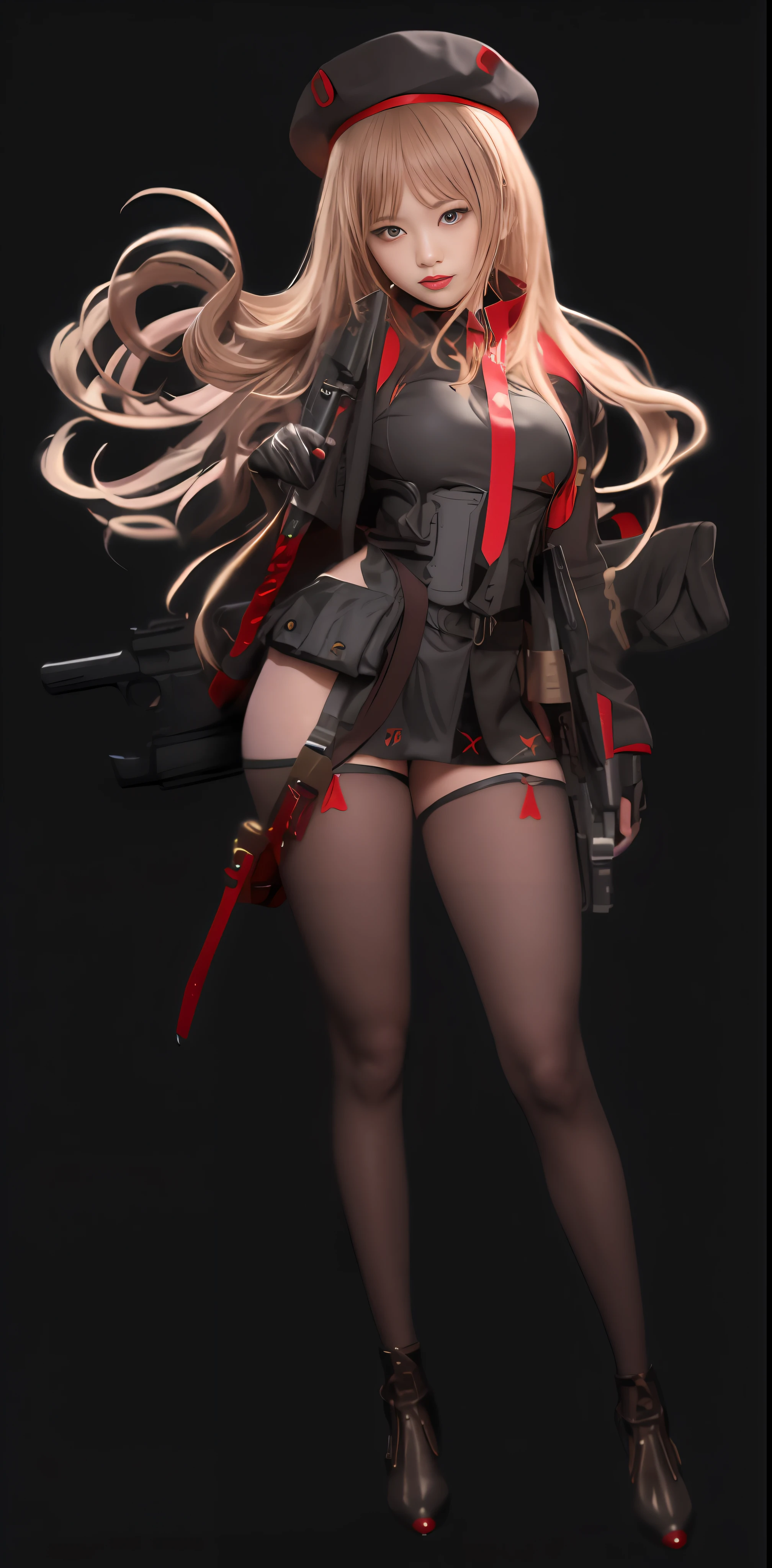 Goddess of Japan with a gun on her back, Wearing a red and black hat and a red and black uniform、Cosplay Gravure Idol、long hair with voluminous brown blonde hair,,,,,,,,,,,,、G Cup、Wearing a black crop jacket、Wearing black instep and red palm gloves、The right hand holds the shoulder strap of the gun on the back、The waist belt comes with several small pouches、Bullets hang from both sides of the hips to the thighs、Red band hanging from under the chest、Black garter stockings with red star logo、Wear short boots with high heels in red and black intricate design