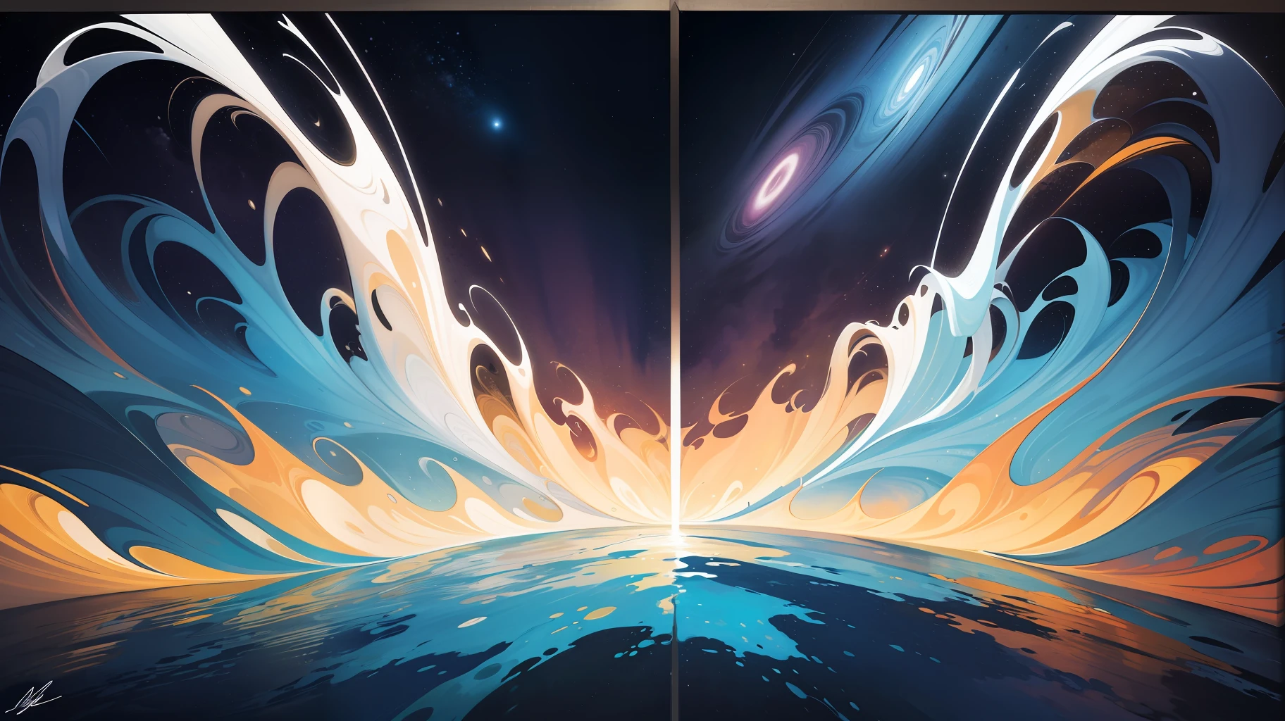 (masterpiece, contemporary art, large canvas, mixed media:1.3), a modern art painting crafted by a famous artist, an abstract expression of cosmic energy and celestial fusion. A riot of vibrant colors, (bold brushstrokes:1.2) swirl and collide, creating a sense of dynamic movement and boundless energy. (Splashes of metallic paint:1.1) shimmer like stars in the night sky, adding an otherworldly touch to the composition.

The artist's unique (signature style:1.2) is evident, with layers of translucent acrylics creating depth and dimension. The canvas seems to breathe with life, evoking emotions and thoughts, inviting the viewer to ponder the mysteries of the universe.

At the center of the painting, a (celestial vortex:1.2) emerges, drawing the eye into the heart of the artwork. It is as if the viewer is being transported to distant galaxies, witnessing the birth of stars and the dance of cosmic forces.

Amidst the abstraction, subtle (symbolic elements:1.1) are scattered, hinting at the interplay of fate and destiny. The painting exudes a sense of profound interconnectedness, mirroring the universe's grand design.

The artist's masterful use of (contrasting textures:1.2) adds tactile richness to the painting, inviting the viewer to run their fingers along the canvas and feel the energy contained within.

With its avant-garde composition and poetic portrayal of the cosmos, "Celestial Fusion" stands as a testament to the creative genius of the renowned artist, a (timeless masterpiece:1.2) that captures the essence of modern art in all its splendor.