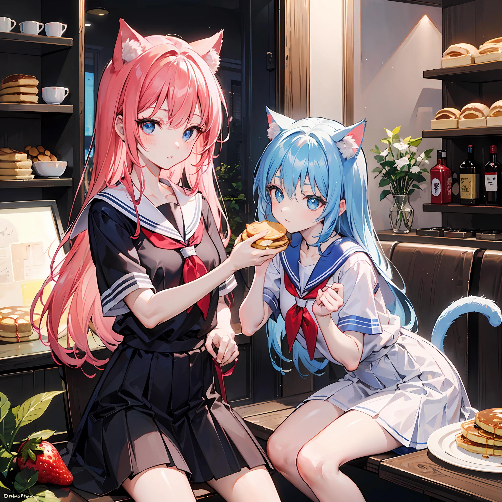 masutepiece,Best Quality,ultra-detailliert,Two hands,Two legs,Five Fingers,best faces,1 girl,Light blue long hair,timid,Cat ears,pale blue eyes, Height 145cm,small tits,Cat tail,Infant face,timid,a sailor suit,white t-shirts,a black skirt,Strawberry pancakes on a plate, blueberry, whipped cream,syrup,sparking eyes,Eyes glow,Fashionable shops,Western style,Sitting on a chair,Girl takes a picture of pancakes