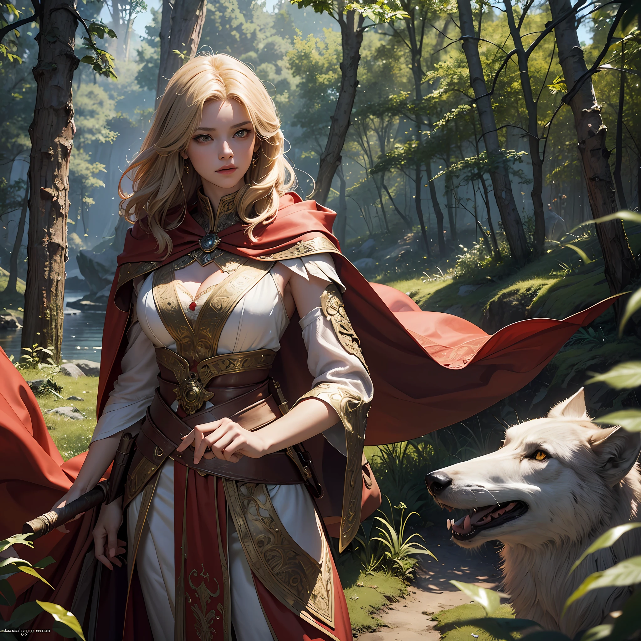 high details, best quality, 8k, [ultra detailed], masterpiece, best quality, (extremely detailed), dynamic angle, ultra wide shot, RAW, photorealistic, fantasy art, dnd art, rpg art, realistic art, a wide angle picture of a female huaman ranger hunting a wolf, human ranger, warrior of nature full body, [[anatomically correct]]. dynamic position (1.5 intricate details, Masterpiece, best quality) armed with a longbow(1.6 intricate details, Masterpiece, best quality) in a fantasy forest (1.5 intricate details, Masterpiece, best quality), a woaman wearing red hood, red cloak, long cloak, flowing cloak (1.4 intricate details, Masterpiece, best quality), blond hair, intense bright eyes, fantasy forest  background (intense details), big wolf (1.4 intricate details, Masterpiece, best quality), dynamic light (1.4 intricate details, Masterpiece, best quality), dynamic angle, (1.4 intricate details, Masterpiece, best quality) 3D rendering, high details, best quality, highres, ultra wide angle