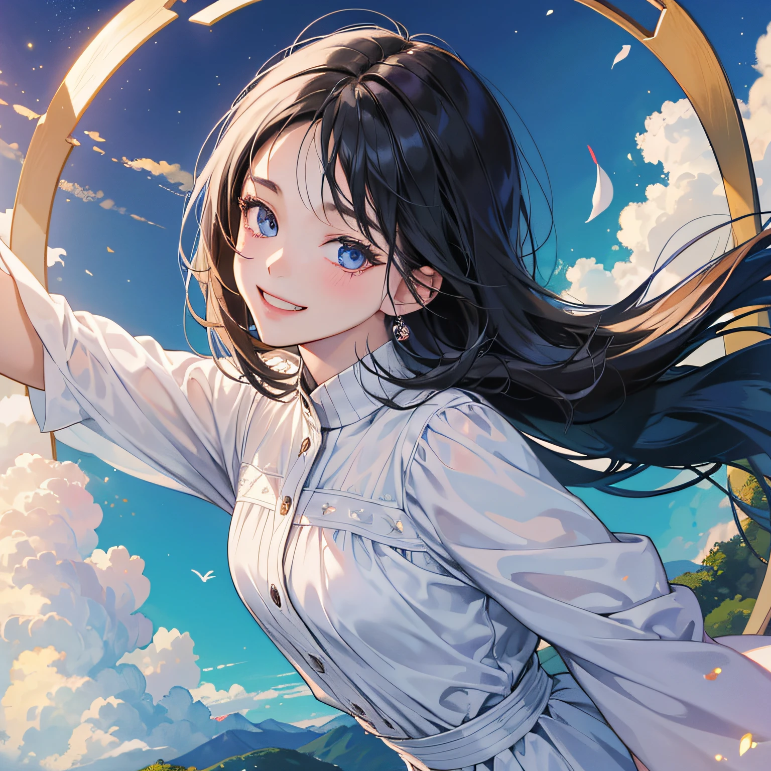 (in 8K、top-quality、masterpiece:1.2)、1人の女性、(Smiling smile:1.1)、beautidful eyes、Valley、The upper part of the body、shorth hair、Like a boy 、Quirk hair --auto