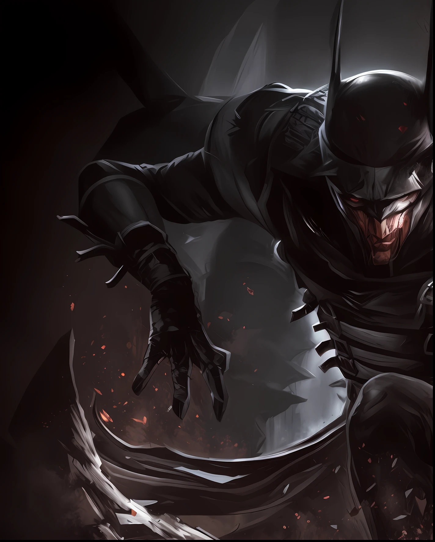 Batman, o Cavaleiro das Trevas em um terno escuro com uma capa e uma espada, O Batman que ri, Estilo de Raymond Swanland, Guilherme H. Pongiluppi, O Coringa como Batman, inspirado em Raymond Swanland, Batman como o Coringa, Arkham, Joe GB Fenton, Lee Bermejo, inspirado em Aleksi Briclot, Shaco, de League of Legends