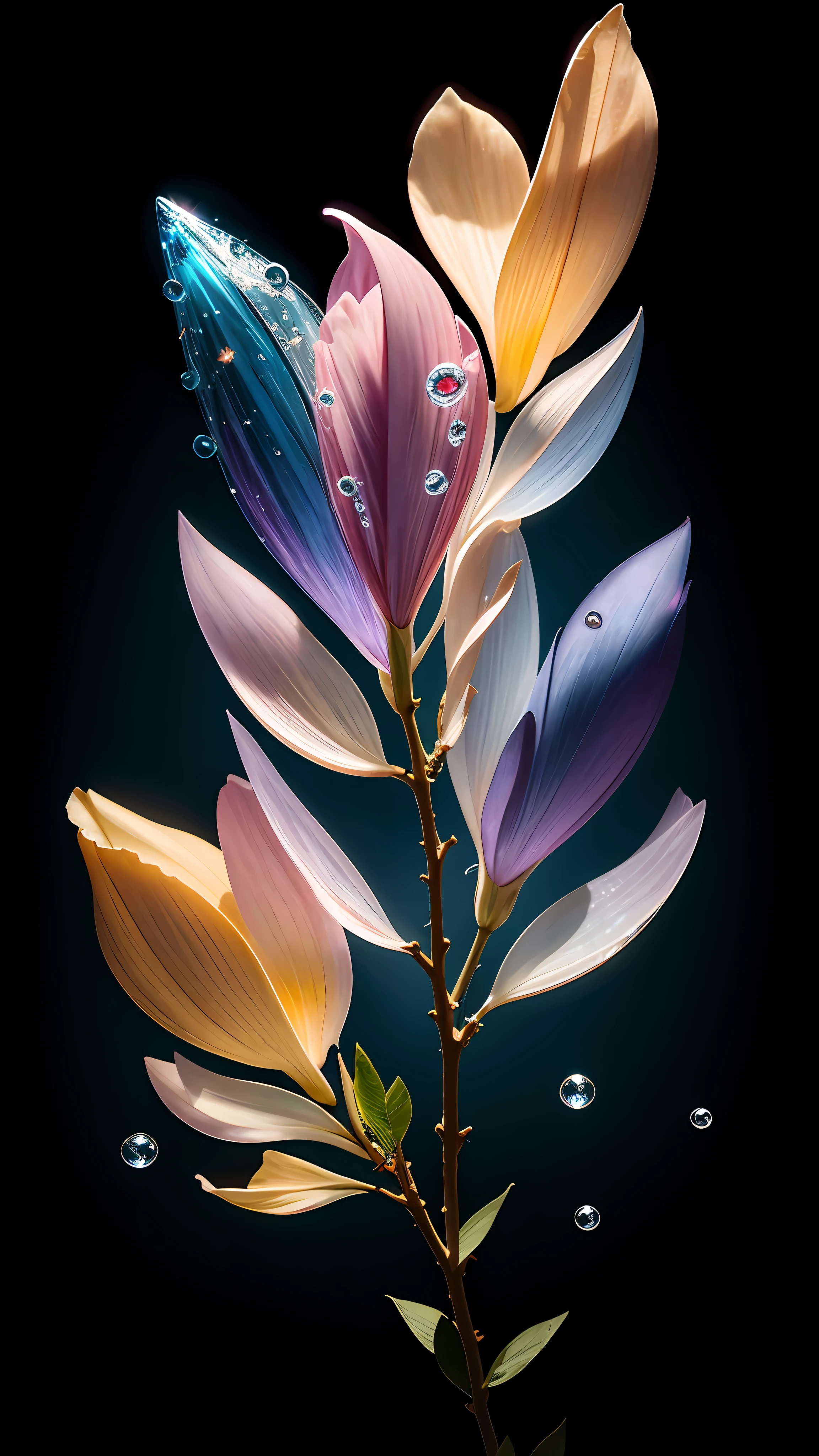 branch of delicate lilac flowers, super transparent, holy light, beautiful spectral light, petals glow, flashing, dark background, drops of transparent light, reflective light, bright, light streaming in, optics, portrait profile, sharp focus, magical, intricate, ultra realistic, fantasy, composition, light, trend on artstation, pearl, patronus cloud of silvery vapor, corrosive enveloping ray family, 8k, ureal ar 23v4 uplight