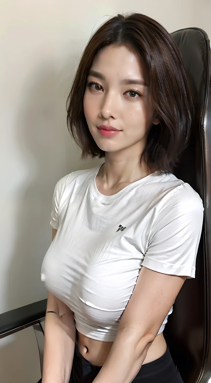 ((top-quality)), Beautuful Women:1.4, Slender Abs:1.1, ((dark brown short hair、Colossal tits:1.2)), (Shiny Silver Tight T-Shirt, The sheen、Standing Black Spats:1.2), Detailed face and skin texture, A detailed eye,sit a chair