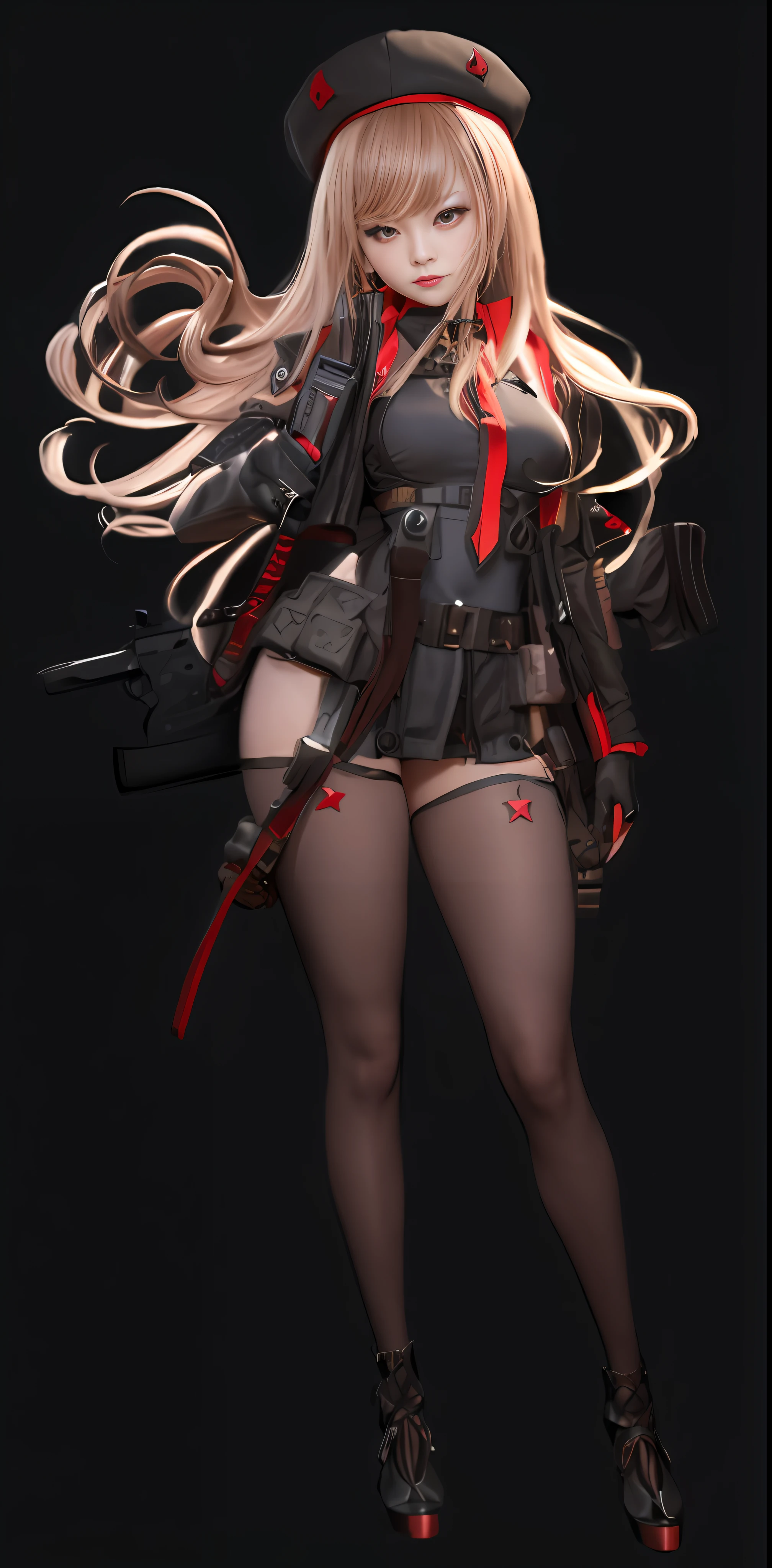 Goddess of Japan with a gun on her back, Wearing a red and black hat and a red and black uniform、Cosplay Gravure Idol、long hair with voluminous brown blonde hair,,,,,,,,,,,、G Cup、Wearing a black crop jacket、Wearing black instep and red palm gloves、The right hand holds the shoulder strap of the gun on the back、The waist belt comes with several small pouches、Bullets hang from both sides of the hips to the thighs、Red band hanging from under the chest、Black garter stockings with red star logo、Wear short boots with high heels in red and black intricate design