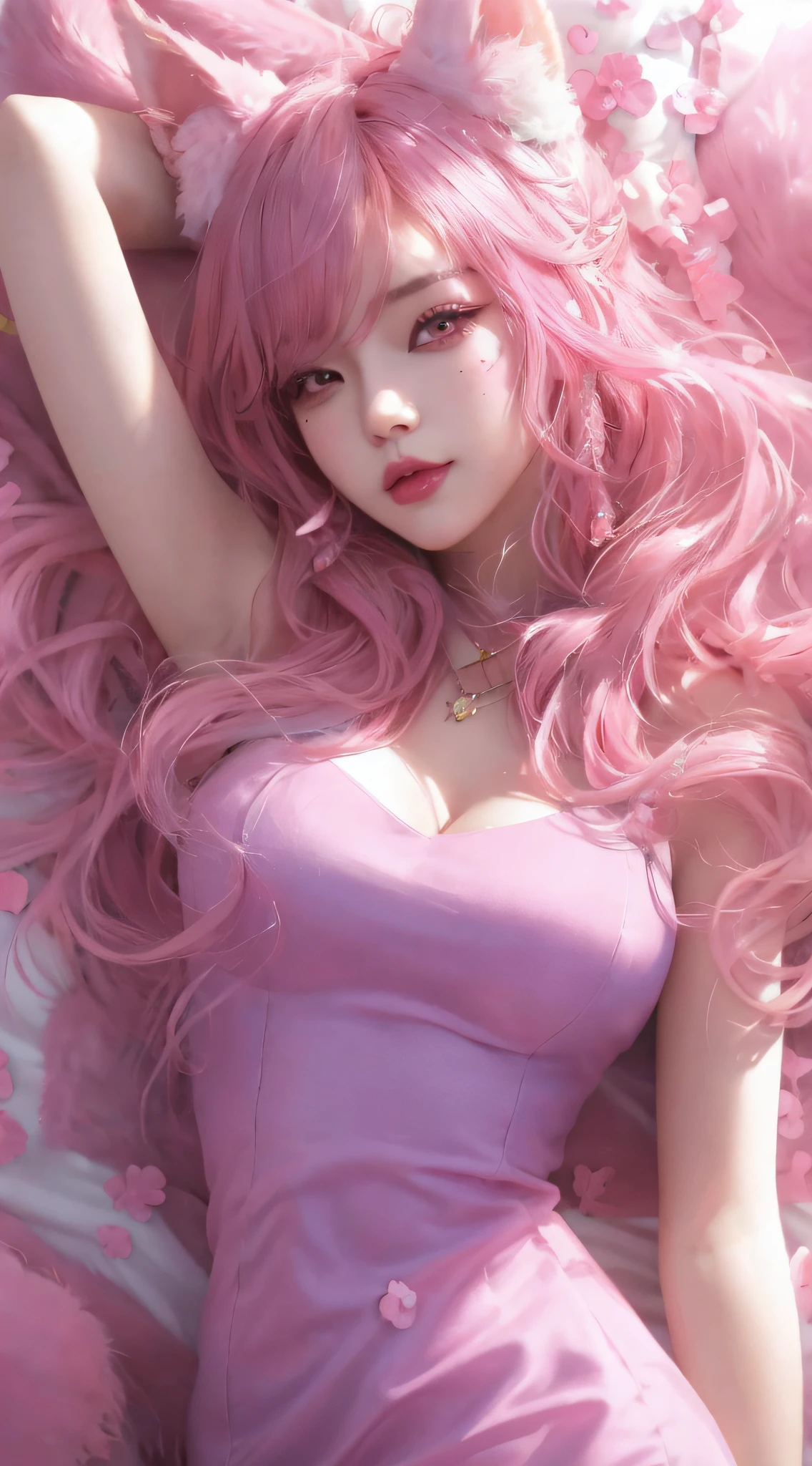 Close-up of a woman with pink hair lying on bed, ! Dream art germ, cleavage,beast ear,sexy for,Guviz, Guviz-style artwork, Style Artgerm, Extremely detailed Artgerm, 8K high quality detailed art, Beautiful anime girl, Art germ. anime illustration, like artgerm, trending on cgstation