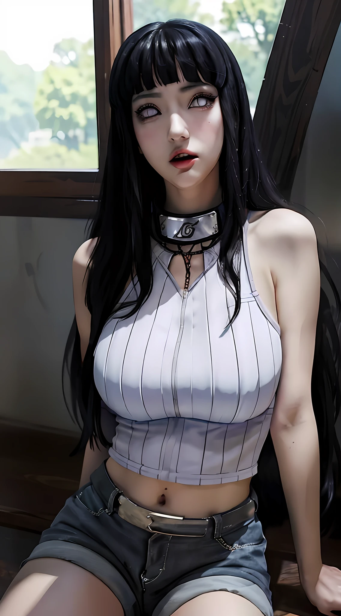 a woman in a black top and shorts, realistic girl, white lens, byakugan, cute girl, hinata naruto, hinata, hinata hyuga, seductive girl, beautiful alluring woman, hinata hyuga, anya from spy x family, inspired by Rei Kamoi, breast, sexy girl, anime hentai, tansparent, toples, transparent shorts, no bra, no pants, no CD, no underwear, cute woman, seksi pose, sensasional girl, opening her legs, opening mouth, opening lips