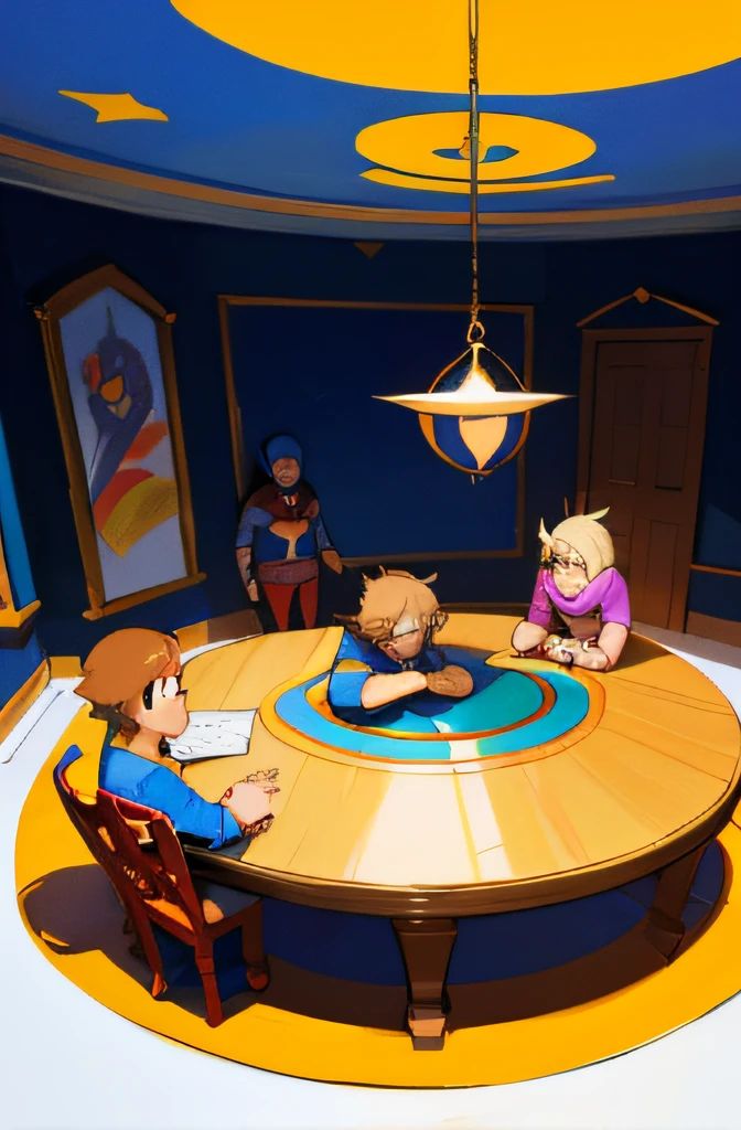Superhero Justice Room, estilo desenho animado, Round table in the center for 3 superheroes, style desenho , simples , Estilo Cartunesco, Painting and drawing strokes, infantil, desenho infantil , 2D
