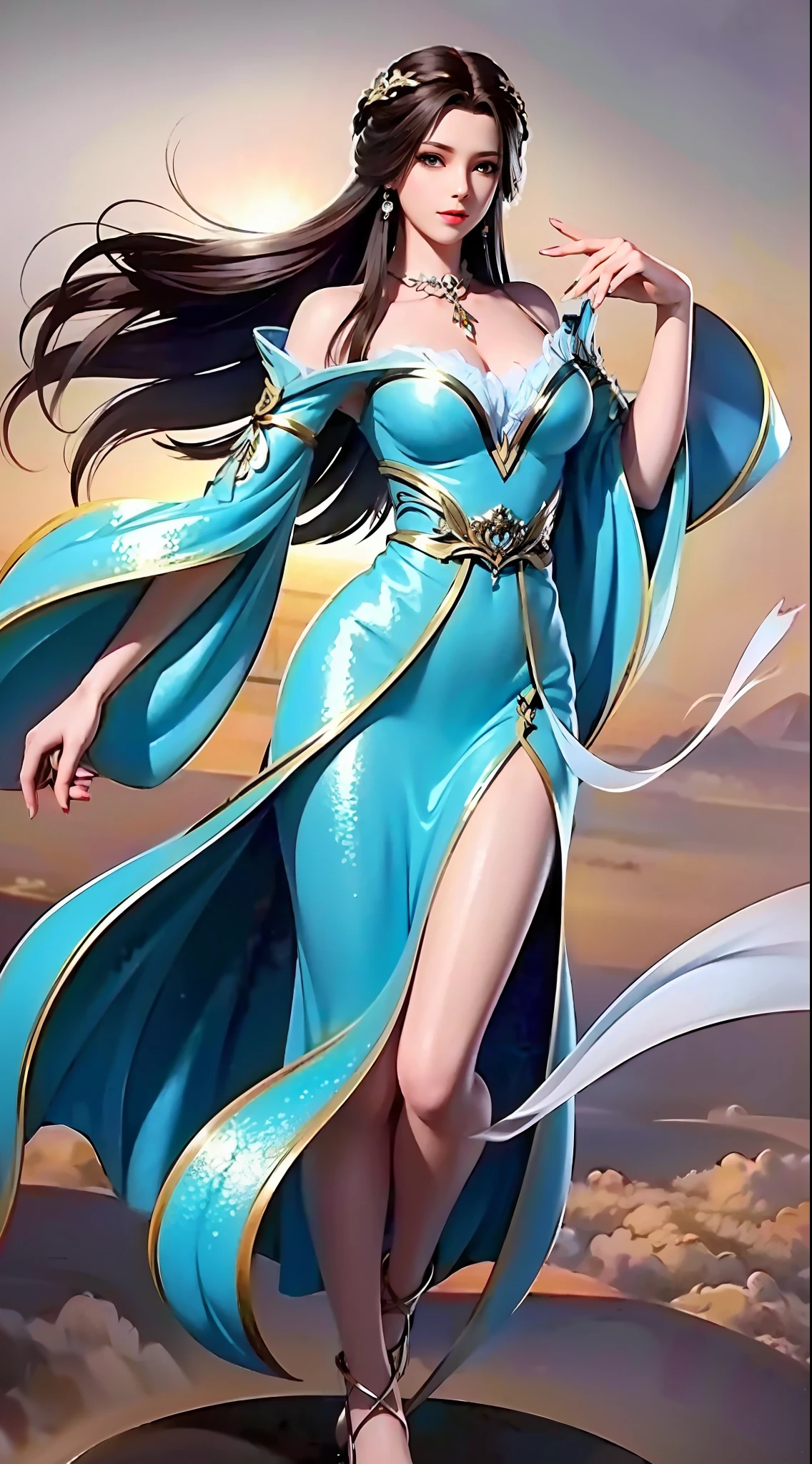 tmasterpiece,Need,1female,brunette color hair,cropped shoulders,long whitr hair,shift dresses,Cowboy photos,Dynamic pose,dynamic angle,Full body photo,Jade foot,