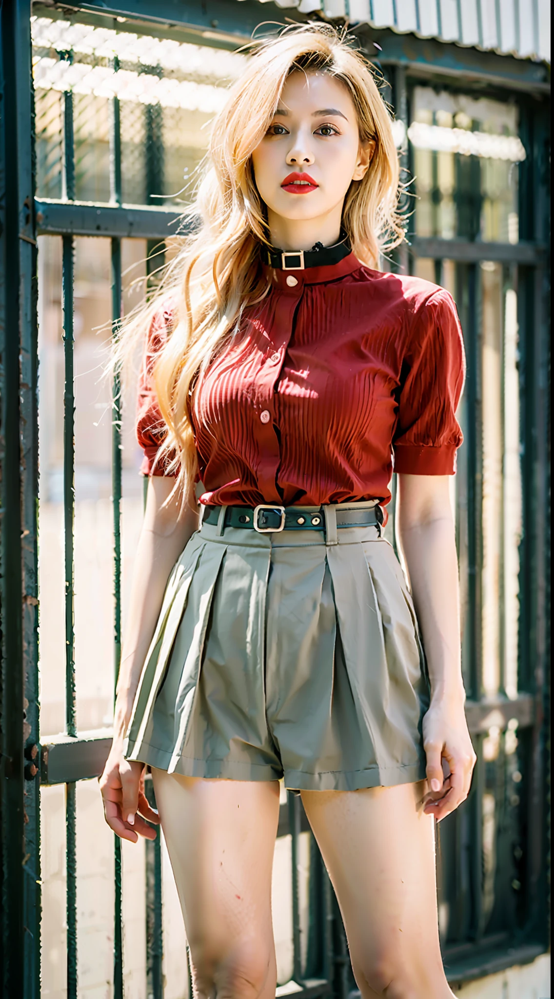 She has long pale yellow hair,Wasteland punk style,Wears short sleeves with red and white stripes,Black collar and sleeves,Exquisite tailoring,Light blue mini shorts,Khaki pleated skirt,Long legs,A pair of red cloth shoes,Black-gray tones,,Loess ruins in the background,tmasterpiece,Need,photorealestic,k hd,photography lighting,16k