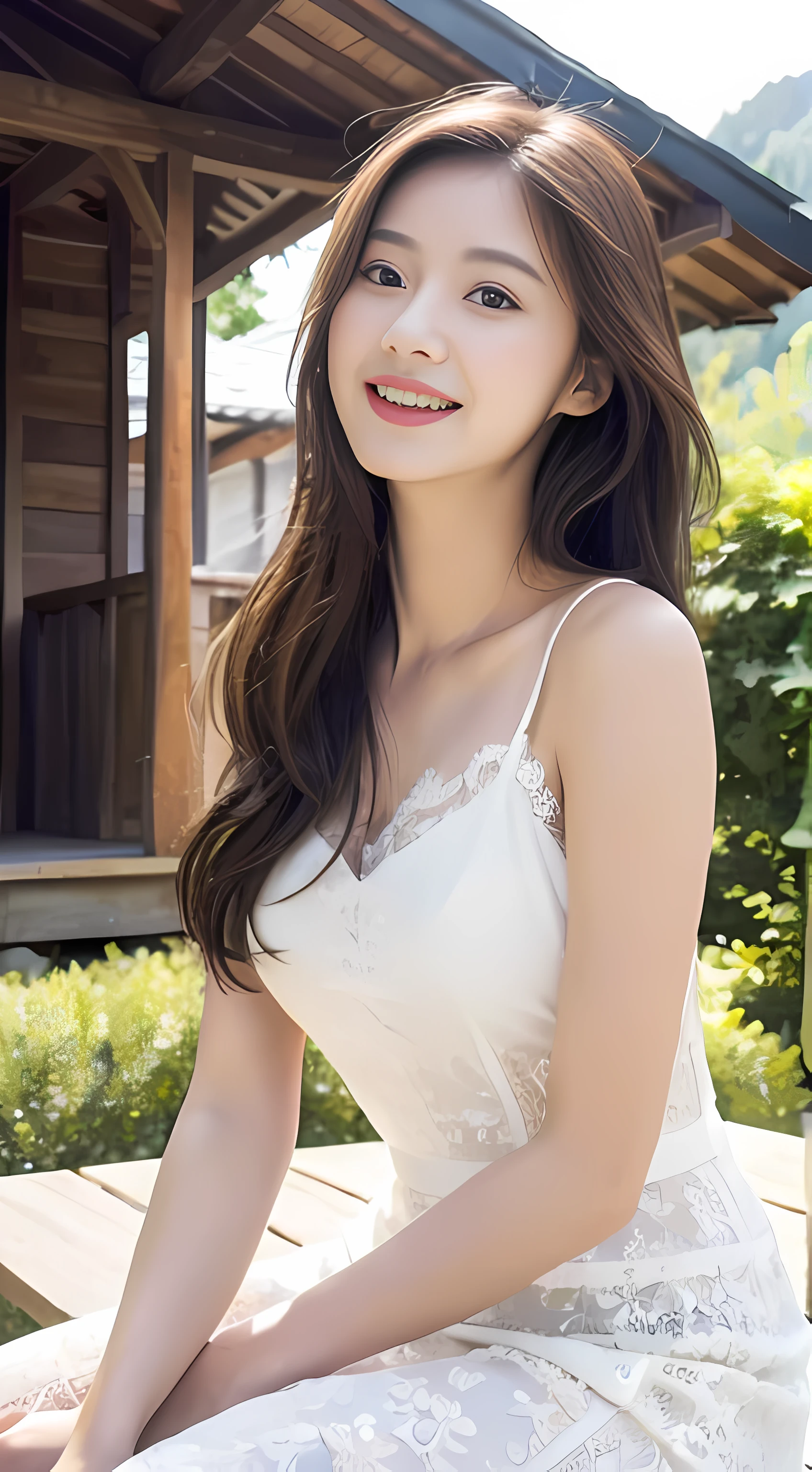((best qualtiy, 8k, tmasterpiece:1.3)),Focus:1.2, female high-school student,Drive a motorcycle,Perfect S-shaped body,(Seductive eyes)(adolable),delicated face,Long hair waist-length,long hair flowing,Tilt your head,ssmile,Hair details,Delicate Full Body Portrayal,Delicate depiction of the face,Best Picture Quality,A high resolution,细致背景,Delicate portrayal,exquisitedetails,Rich in detail,Face strengthening,(white dresses),with blue sky and white clouds,Sitting Among the Flowers,wooden cabin,There are no bags under the eyes,Seductive laughter,Feminine laughter,Seduction pose