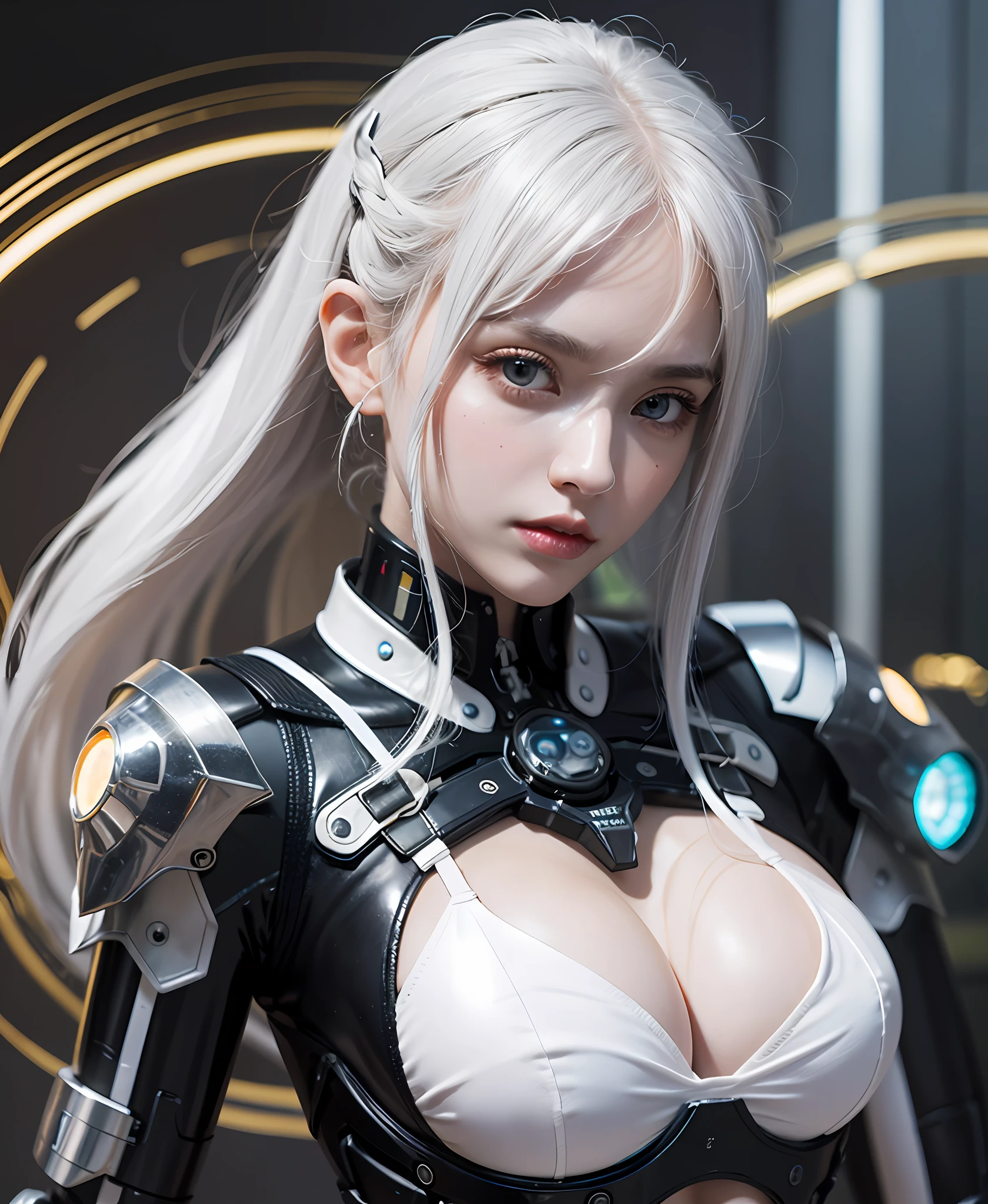 white hair、long fluttering hair、strong breeze、Orange Eyes、radiant eyes、Steampunk Girl、Colossal tits、The face and chest are alive、Cleavage is visible。photoRealstic、portfolio、White latex suit、White porcelain body、Evangelion-style metal mecha suit、Combat cyborg、Sumerian details、metalic、detailed mechanical components、Bundle of thin tubes、Metal cylinder、Detailed neon、Fine LED、Fine parts