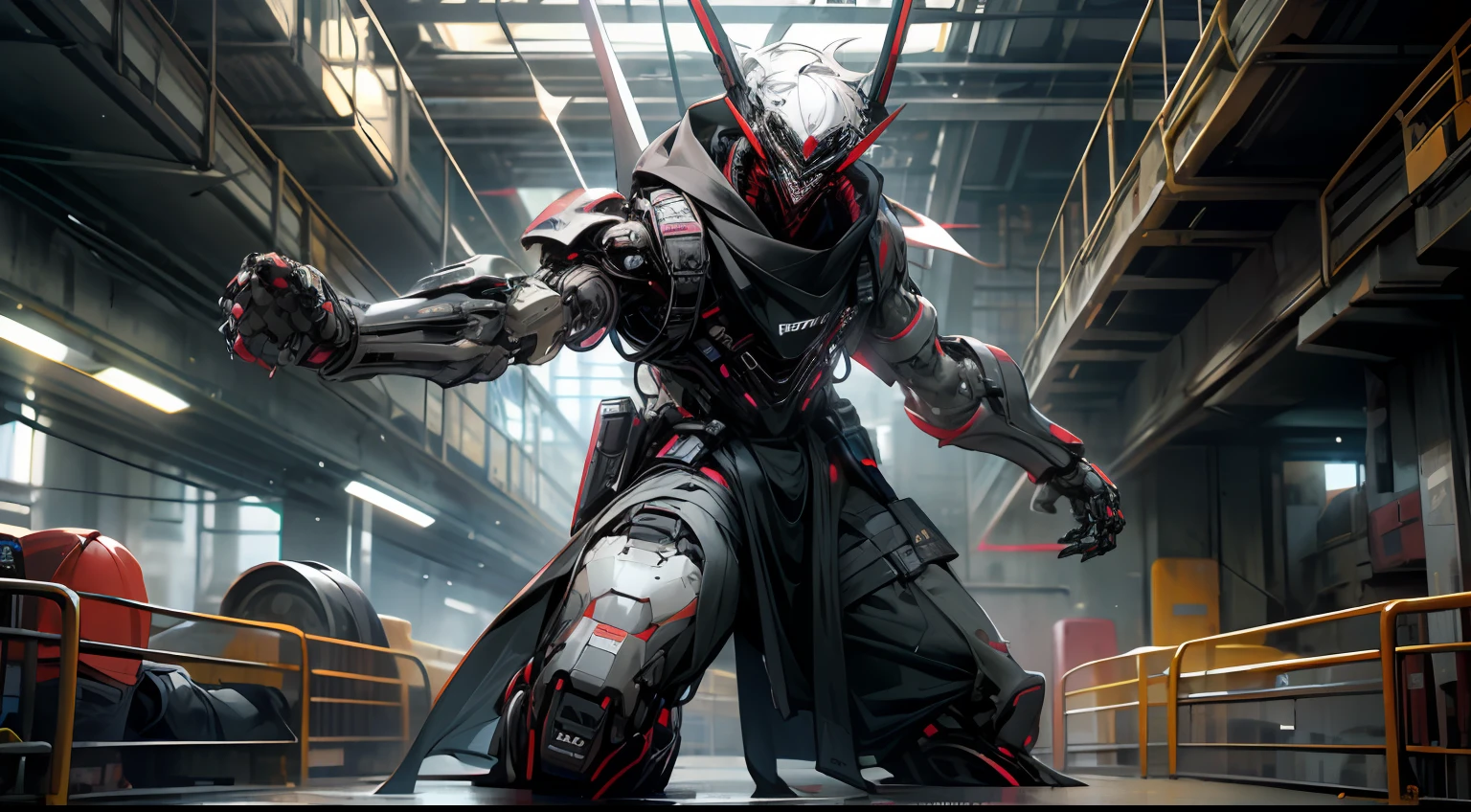 A man wears an exoskeleton arm,His right side faces the camera,And make a punching motion in front of him,The background is a cyberpunk-style building --auto