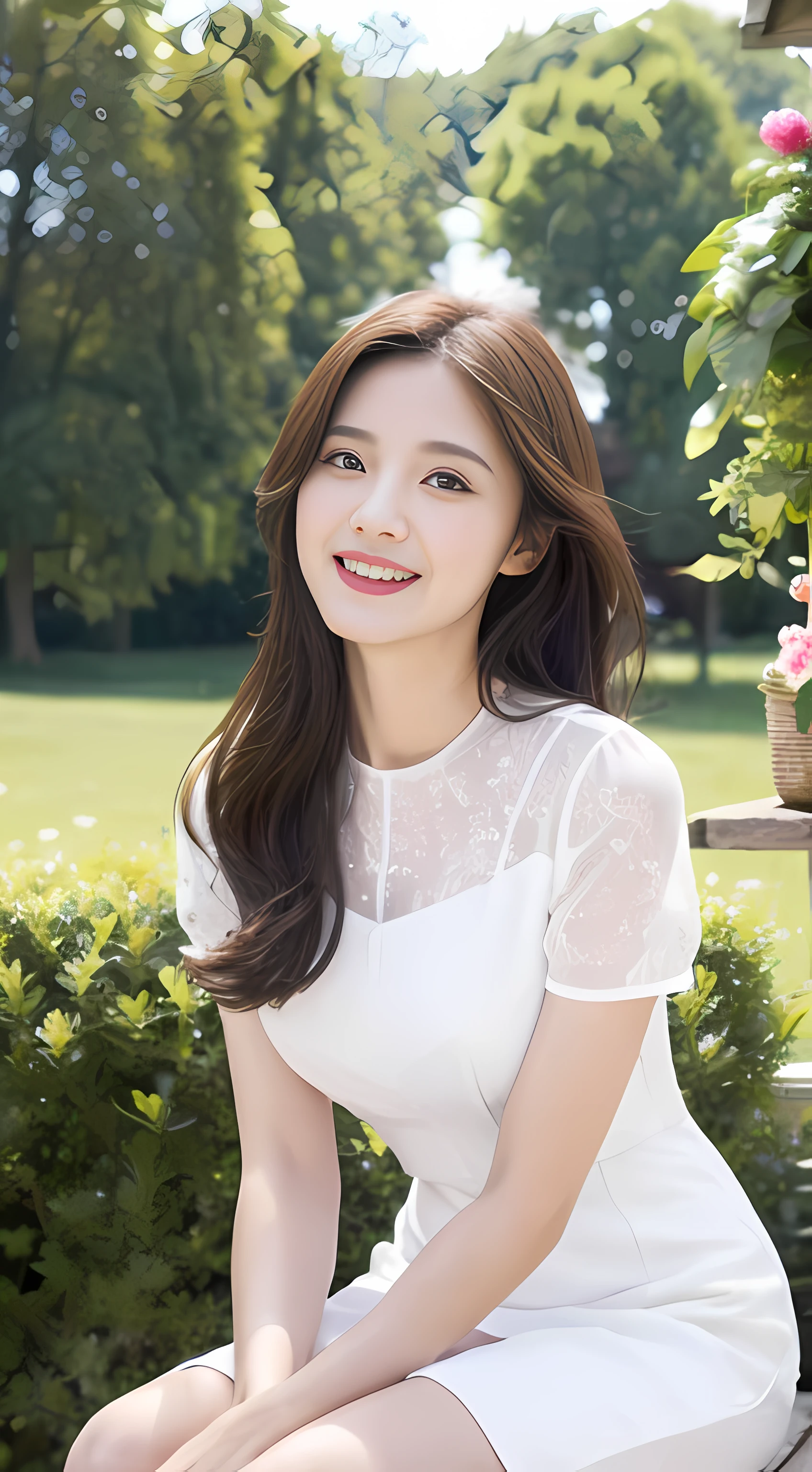 ((best qualtiy, 8k, tmasterpiece:1.3)),Focus:1.2, female high-school student，Drive a motorcycle，Perfect S-shaped body，（Seductive eyes）（adolable），delicated face，Long hair waist-length，long hair flowing，Tilt your head，ssmile，Hair details，Delicate Full Body Portrayal，Delicate depiction of the face，Best Picture Quality，A high resolution，细致背景，Delicate portrayal，exquisitedetails，Rich in detail，Face strengthening，(white dresses)，with blue sky and white clouds，Sitting Among the Flowers，wooden cabin，There are no bags under the eyes，Seductive laughter，Feminine laughter，Flight attendant costumes