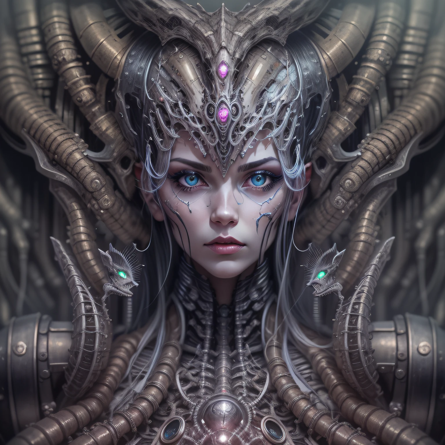 a close up of a woman with a strange face and a strange head, psytrance y giger, symmetrical portrait scifi, giger portrait of queen dragon, fractal biomech, Fondo de giger adornado, biologic hr giger style, cybernetic demon dreaming, intrincado transhumano, Aetherpunk Airbrush Arte Digital, en estilo de giger