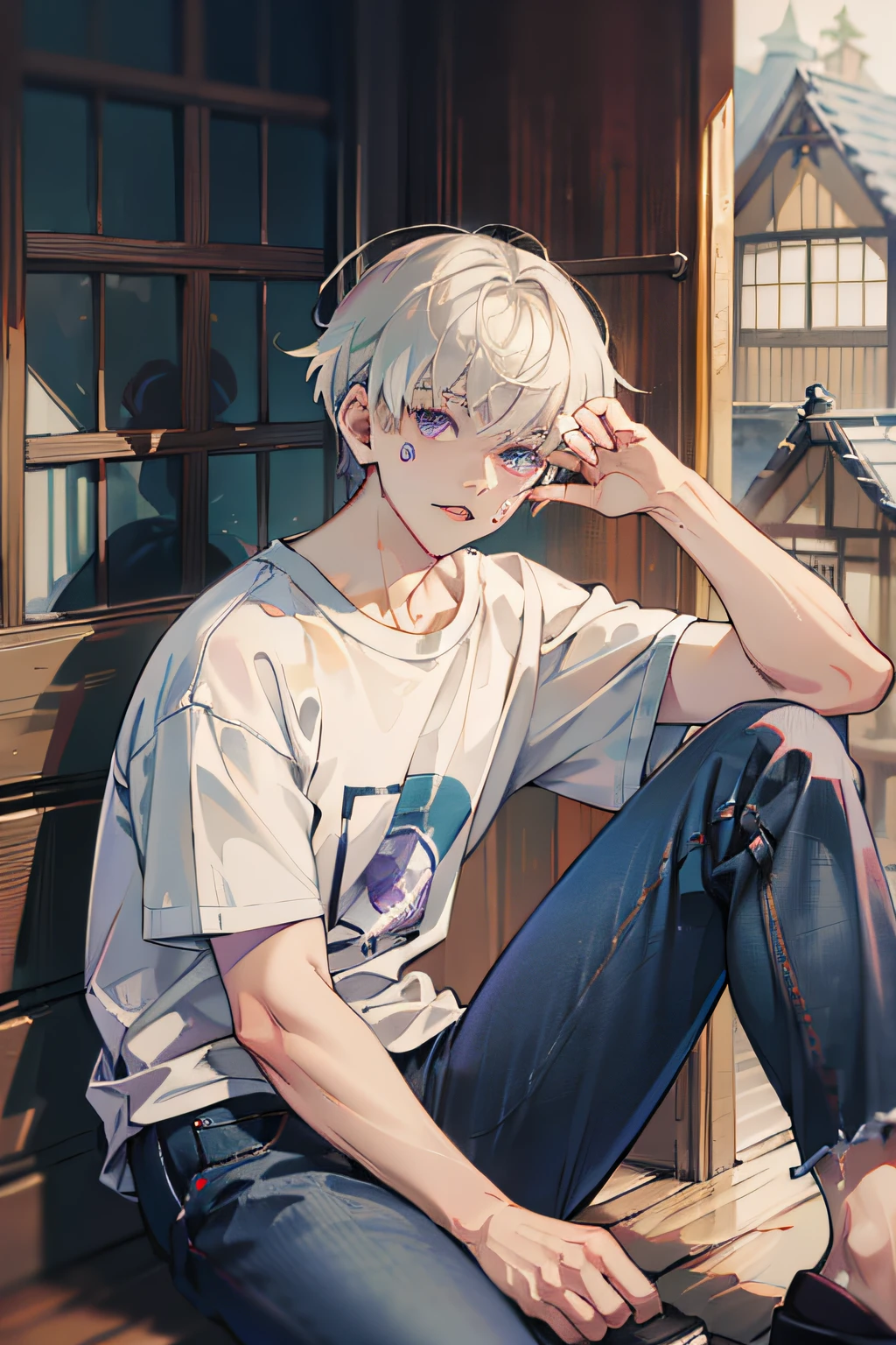 (absurdres, highres, ultra detailed, HDR), masterpiece, best quality, inumaki toge, 1man, solo, handsome, short hair, white hair, facial mark, closed mouth, small hands, loosen t-shirt, jeans, sitting, japanese style, house, from side, look at viewer