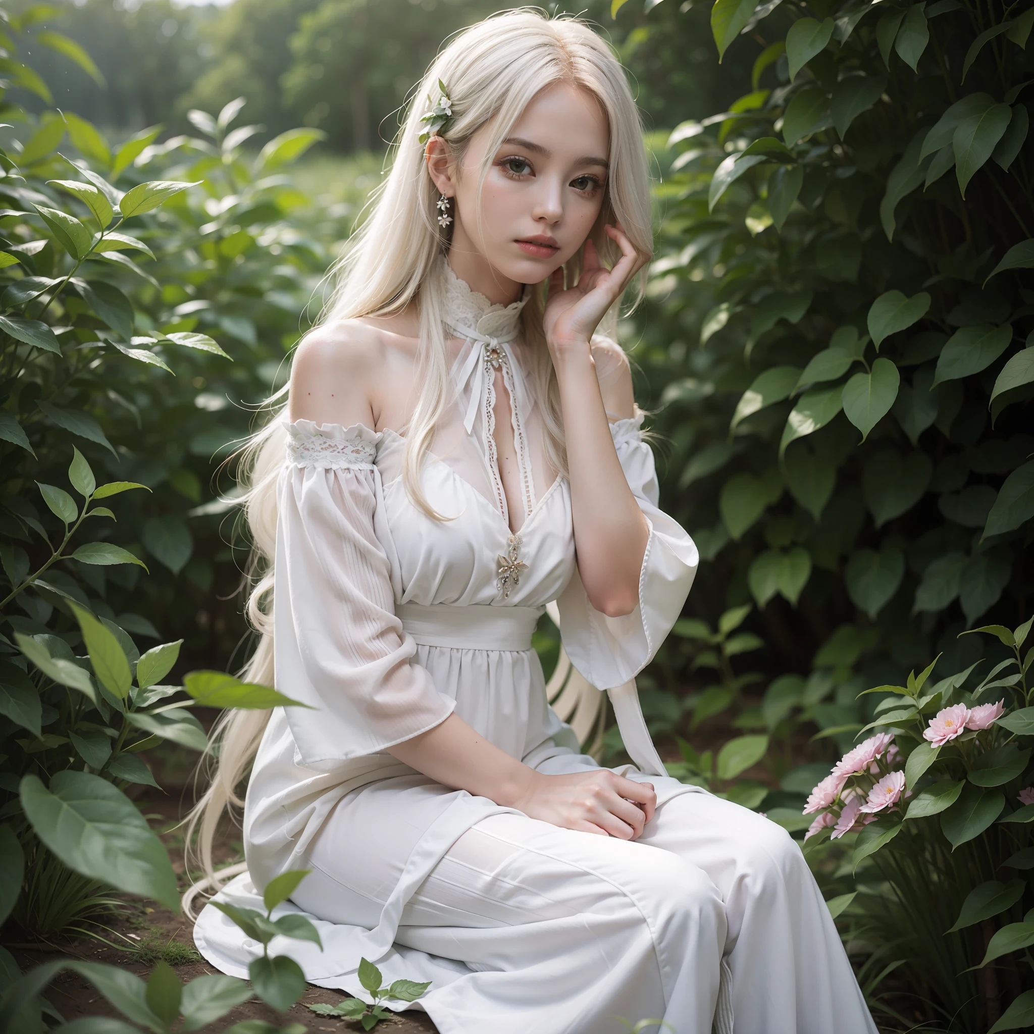 (masterpiece, best quality),1girl with long white hair sitting in a field of green plants and flowers, her hand under her chin, warm lighting, white dress, blurry foreground