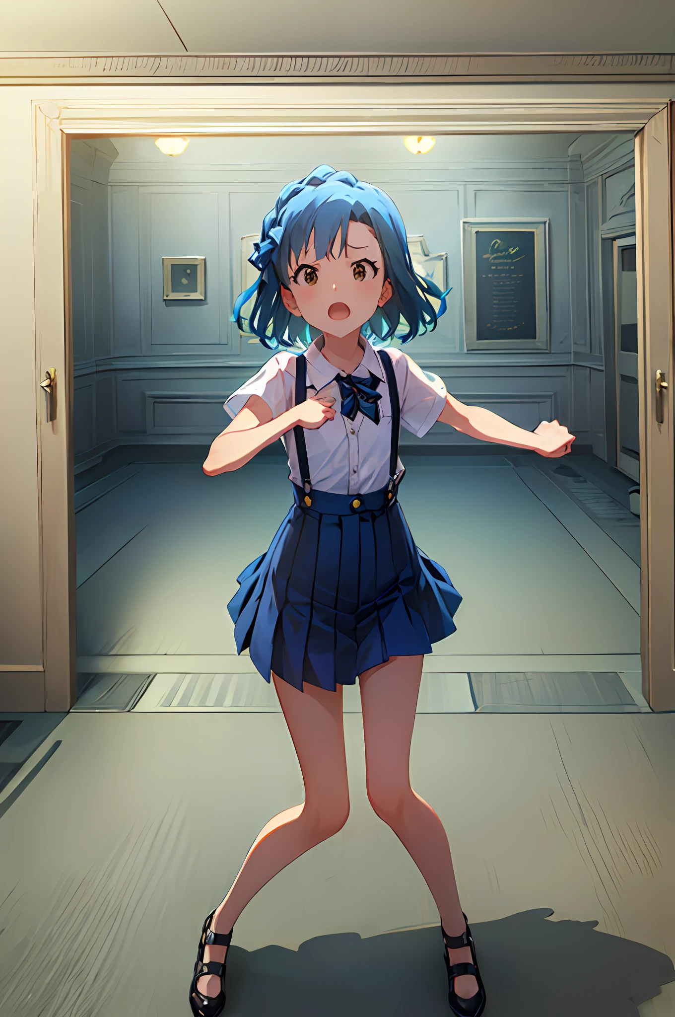 yuriko nanao (million live). Short stature. white t-shirts. suspenders.Skirt.(((masterpiece))).(((best quality))).((Ultra-detailed))).(((illustratio))). (((fighting stance))).(((a room))).(((make a fist))).(((up chest))).Despair face.((short-hair)).((Medium chest)).((Opening Mouth)).