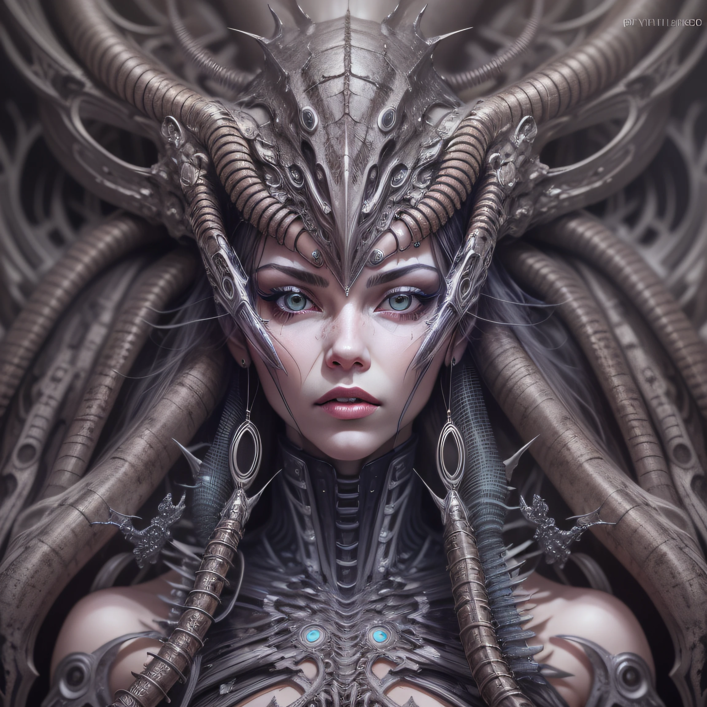 a close up of a woman with a strange face and a strange head, psytrance y giger, symmetrical portrait scifi, giger portrait of queen dragon, fractal biomech, Fondo de giger adornado, biologic hr giger style, cybernetic demon dreaming, intrincado transhumano, Aetherpunk Airbrush Arte Digital, en estilo de giger
