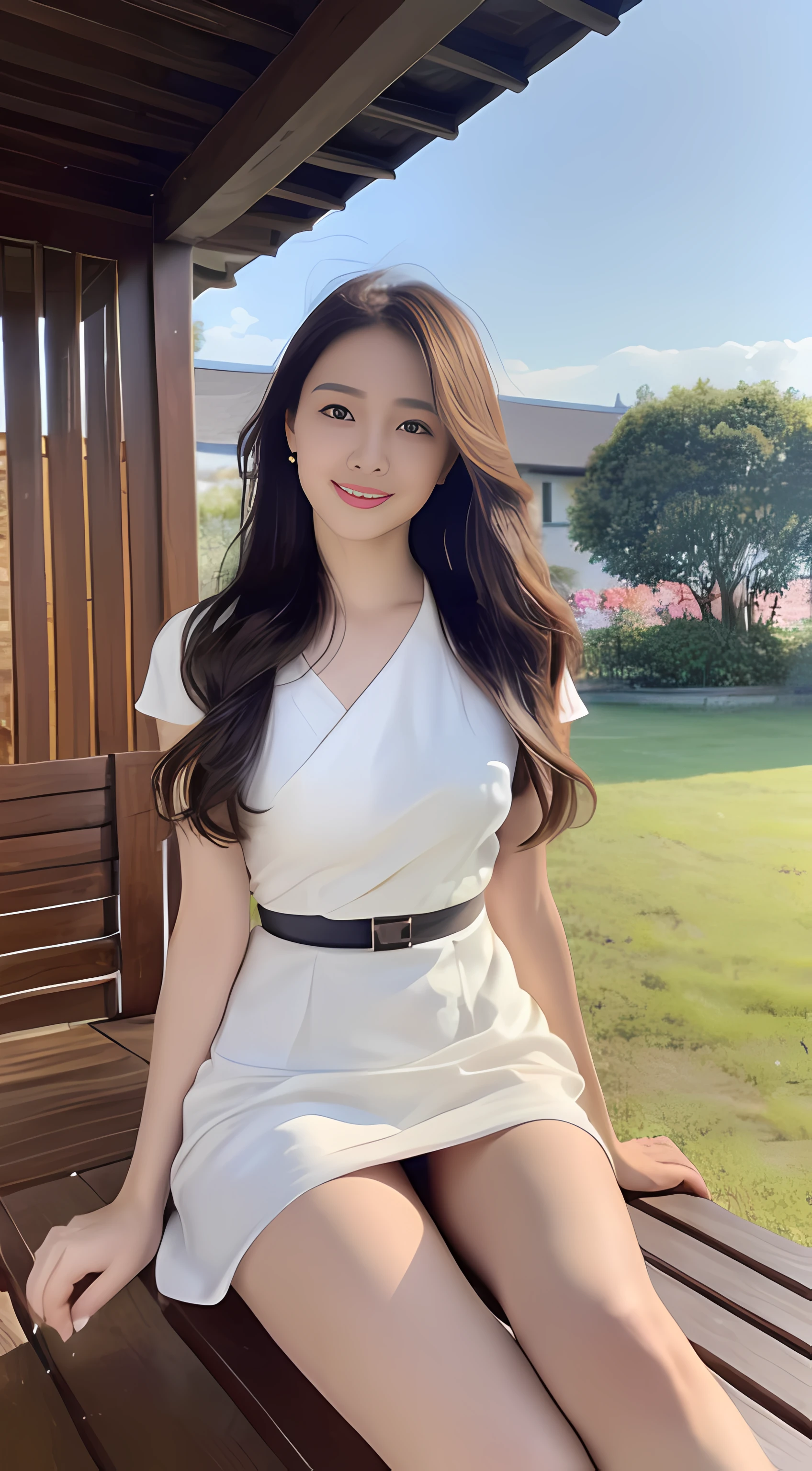 ((best qualtiy, 8k, tmasterpiece:1.3)),Focus:1.2, female high-school student，Drive a motorcycle，Perfect S-shaped body，（Seductive eyes）（adolable），Delicate melon seed face，Long hair waist-length，long hair flowing，Tilt your head，ssmile，Hair details，Delicate Full Body Portrayal，Delicate depiction of the face，Best Picture Quality，A high resolution，细致背景，Delicate portrayal，exquisitedetails，Rich in detail，Face strengthening，(white dresses)，with blue sky and white clouds，Sitting Among the Flowers，wooden cabin，There are no bags under the eyes，Seductive laughter，Feminine laughter，Flight attendant costumes，Slender straight legs，Random action capture
