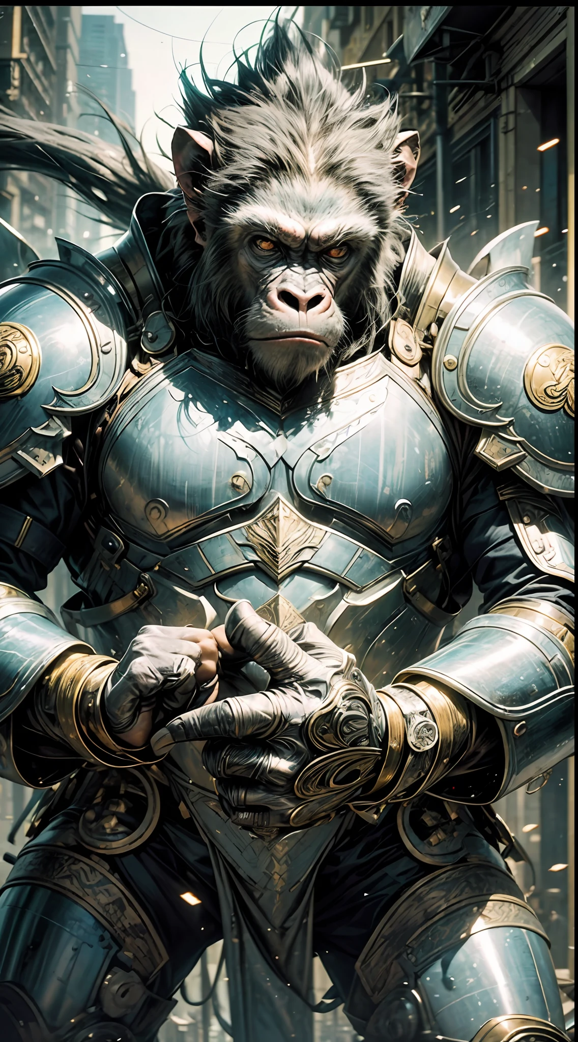 "Movie clip of the Silver Armored Monkey Warrior，Simian，Great ape，strong，Elaborate heavy armor glistens in movie lights。”