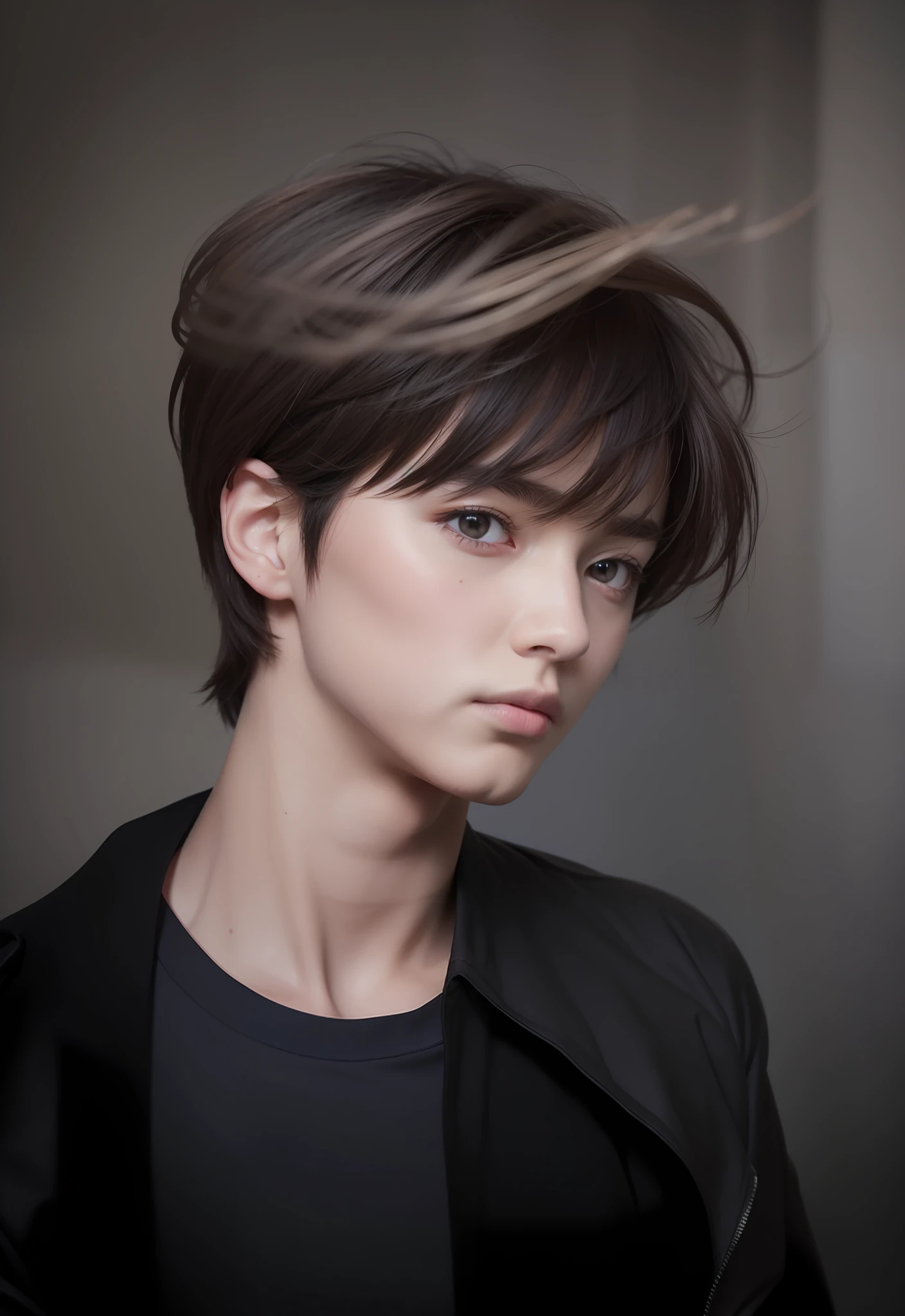1boy, black jacket, black shirt, brown hair, dark blue eyes, realistic, ultra detail,