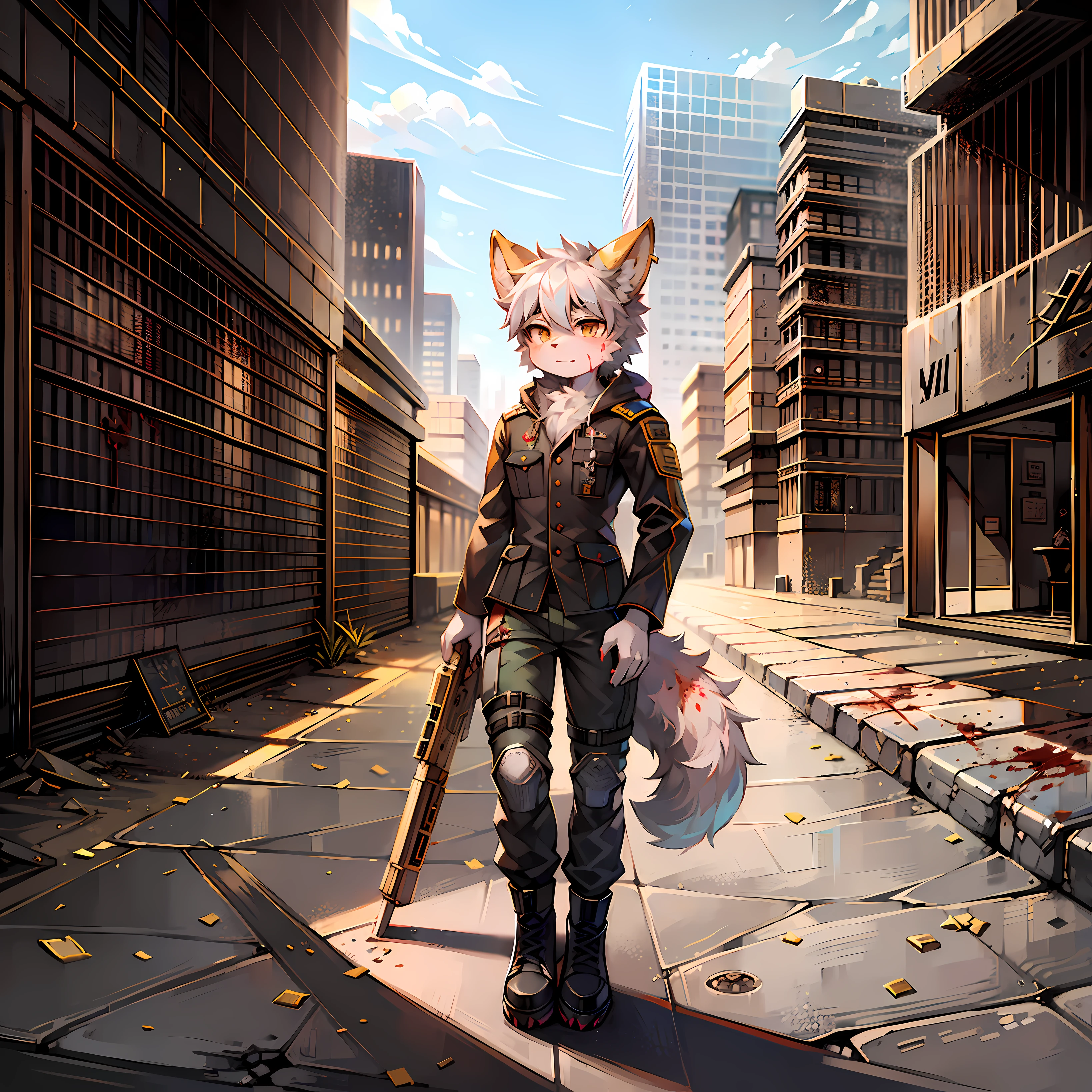 tmasterpiece，Best quality at best，high qulity，Ridiculous resolution，8K，Digital painting，Furry fur，Off-white fur：1.2，Full body fur：1.2，A fluffy  boy，Human cubs：1.8，in a panoramic view，gold eyes，Bright pupils，Fluffy tail，Wolf ears，Golden ear tips：0.8，Beast claws：0.5，Black special operations uniform：1.5，Whole body mechanical exoskeleton：1.5，Nanofiber gray top，Nanofiber gray combat pants，Combat boots，holding assault rifle：1.8，Military communication headsets，alert，Turn sideways to face the camera，Fierce expression，serious，Solemn，Blood on the body，Vehicles burning in the environment，Gunfight broke out，Human corpses on the ground，Fur corpses on the ground，ruin background，Sand，Desert plants，Ruined city architectural style，Futuristic architectural style：1.8，（eventide，Yellow-black clouds：5.0，grey sky：1.8，Gloomy picture：1.9）