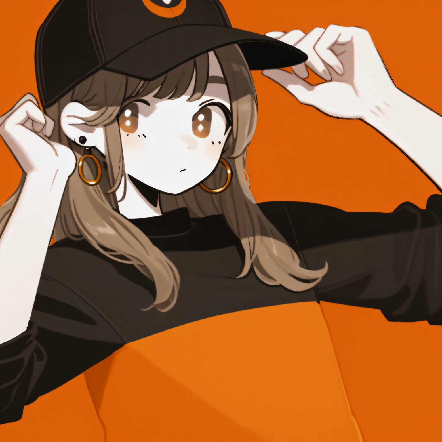 Masterpiece, Best quality, 1girll,Brown eyes, baseball cap, Black color hair, Closed mouth, Orange background, Hat, hoop earings, jewelry, view the viewer, long whitr hair，Simple background, Solo, The upper part of the body, Black shirt，Arms hanging down