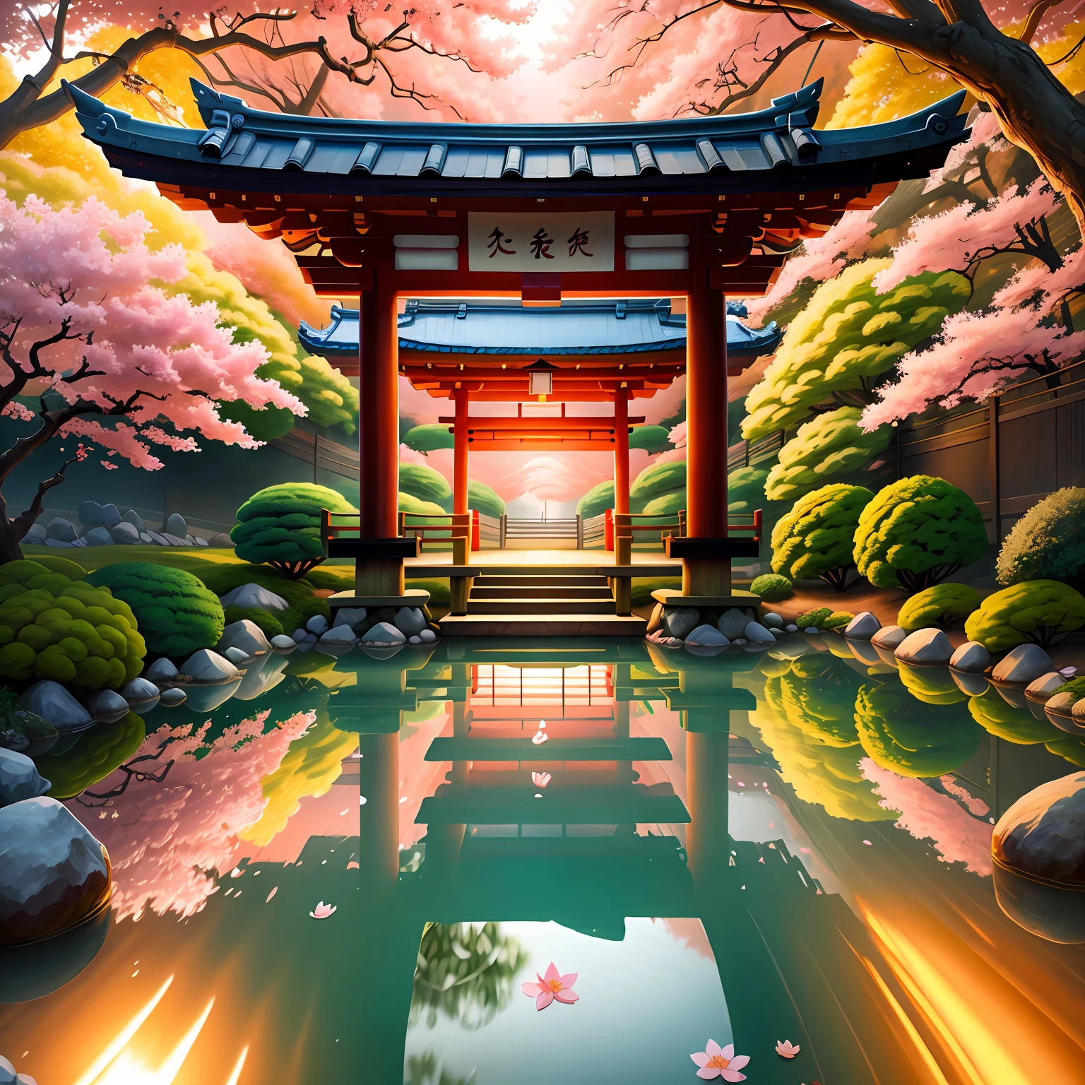 (digital painting),(best quality), serene Japanese garden, cherry blossoms in full bloom, koi pond, footbridge, pagoda, Ukiyo-e art style, Hokusai inspiration, Deviant Art popular, 8k ultra-realistic, pastel color scheme, soft lighting, golden hour, tranquil atmosphere, landscape orientation