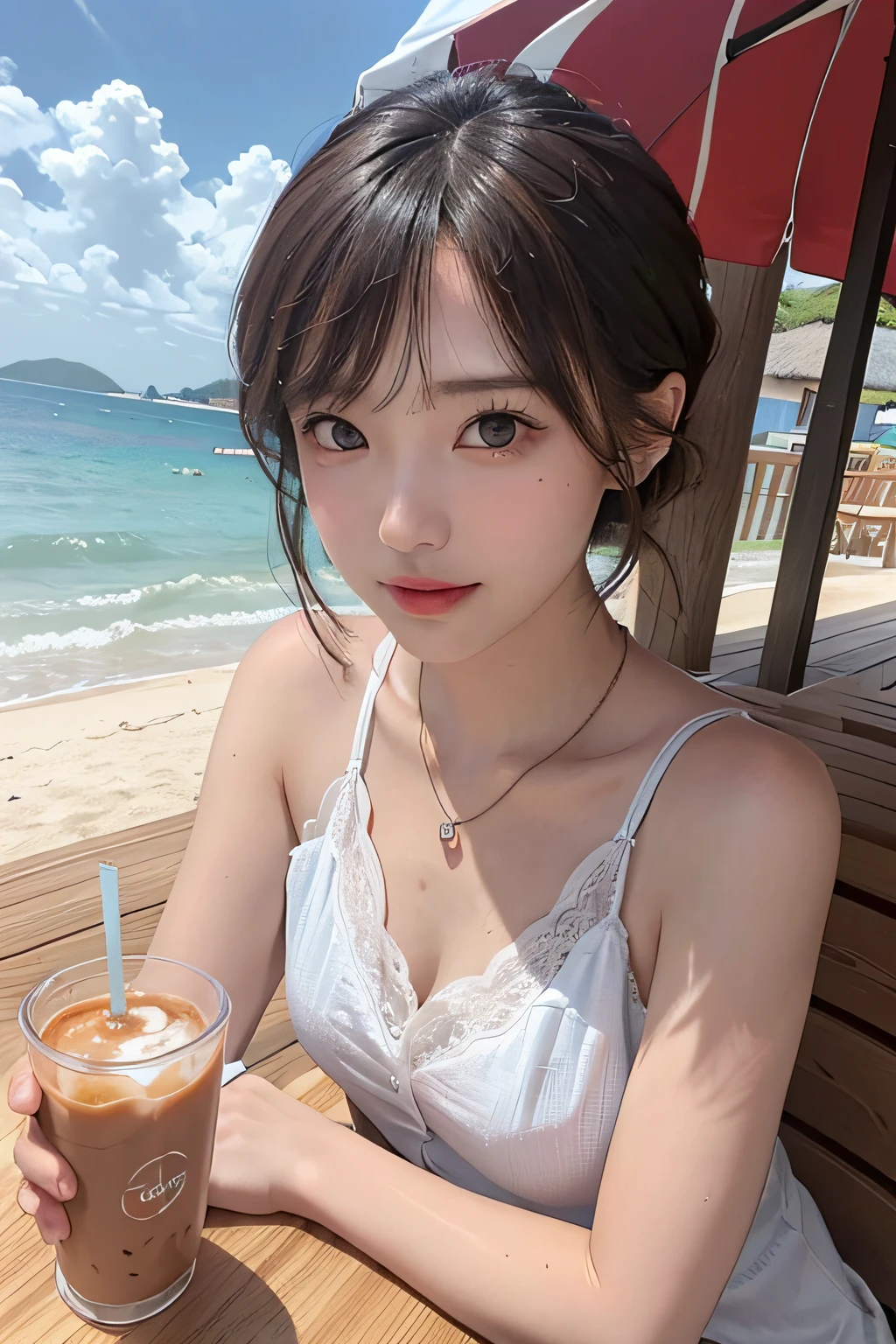 top-quality、masterpiece、超A high resolution、(realisitic:1.4)、(True skin texture:1.3)、(film grains:1.3)、the panorama、portlate、Very wide lens、a closeup、Tindall Effect、Perfect beautiful adult woman、Beautiful detail eyes and skin、Small Smile、Berry Short Hair、Small necklace、sleeveless shirts、Strong sunshine、Summer Sea, Sky and clouds、Seaside wooden deck、On the table1iced coffee、