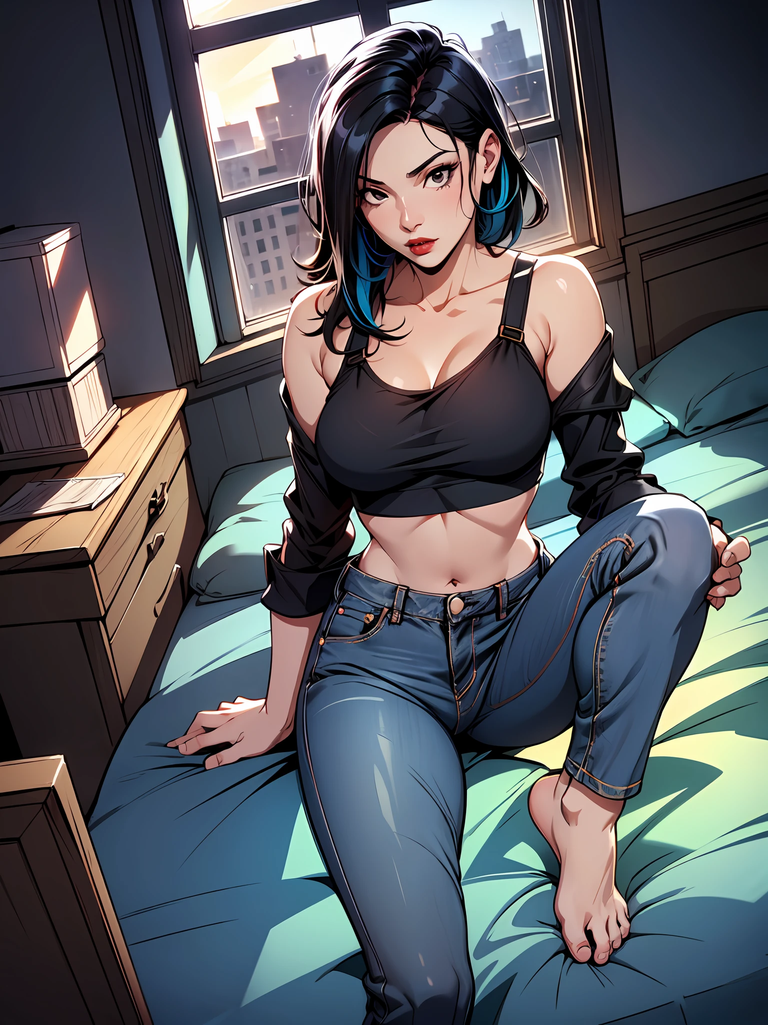 woman, (mature), black hair, middle partition, black eyes, dark red lips, sky blue thin strap crop-top, jeans, barefoot, in bedroom near window, dynamic lighting, two tone lighting, high contrast