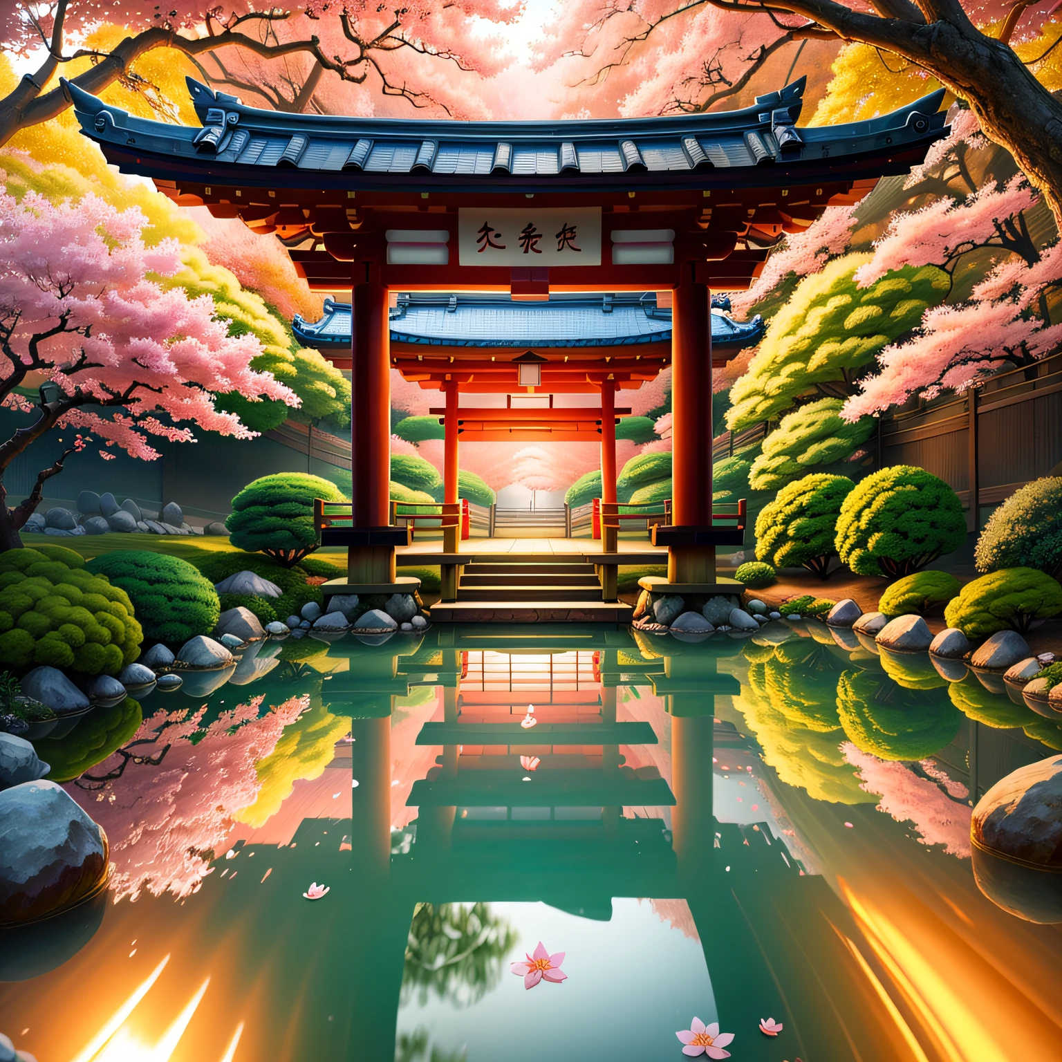 (digital painting),(best quality), serene Japanese garden, cherry blossoms in full bloom, koi pond, footbridge, pagoda, Ukiyo-e art style, Hokusai inspiration, Deviant Art popular, 8k ultra-realistic, pastel color scheme, soft lighting, golden hour, tranquil atmosphere, landscape orientation