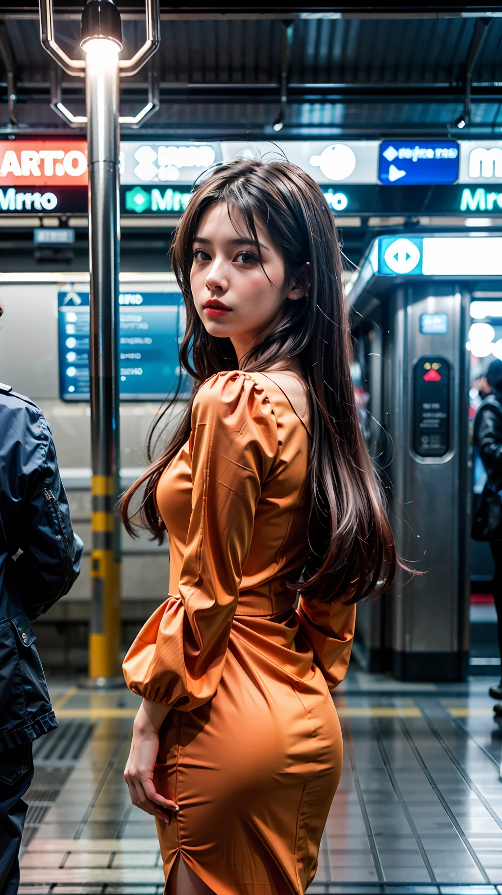 (1girl), solo, greece-girl, long_hair, wearing(orange-dress, puff_sleeves), photo(medium-shot), standing, background(futuristic-metro_station, blurry:1.55), (photorealistic, absurdres, best_quality),